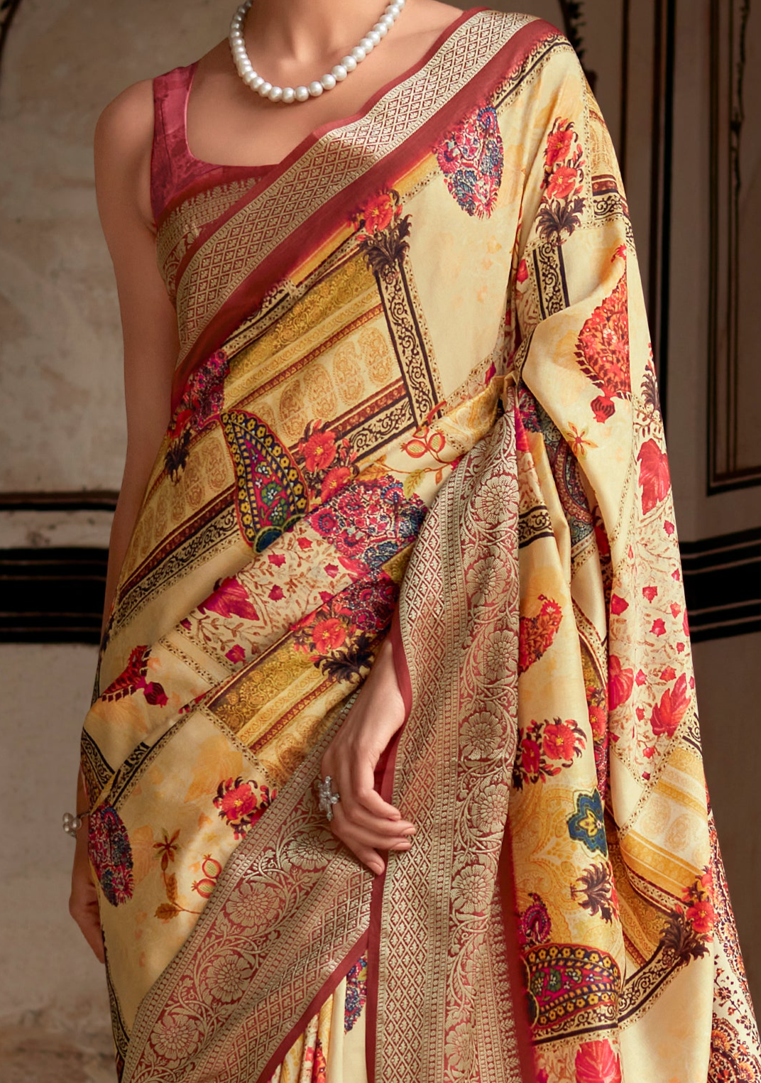 Luminous Yellow Woven Banarasi Printed Silk Saree