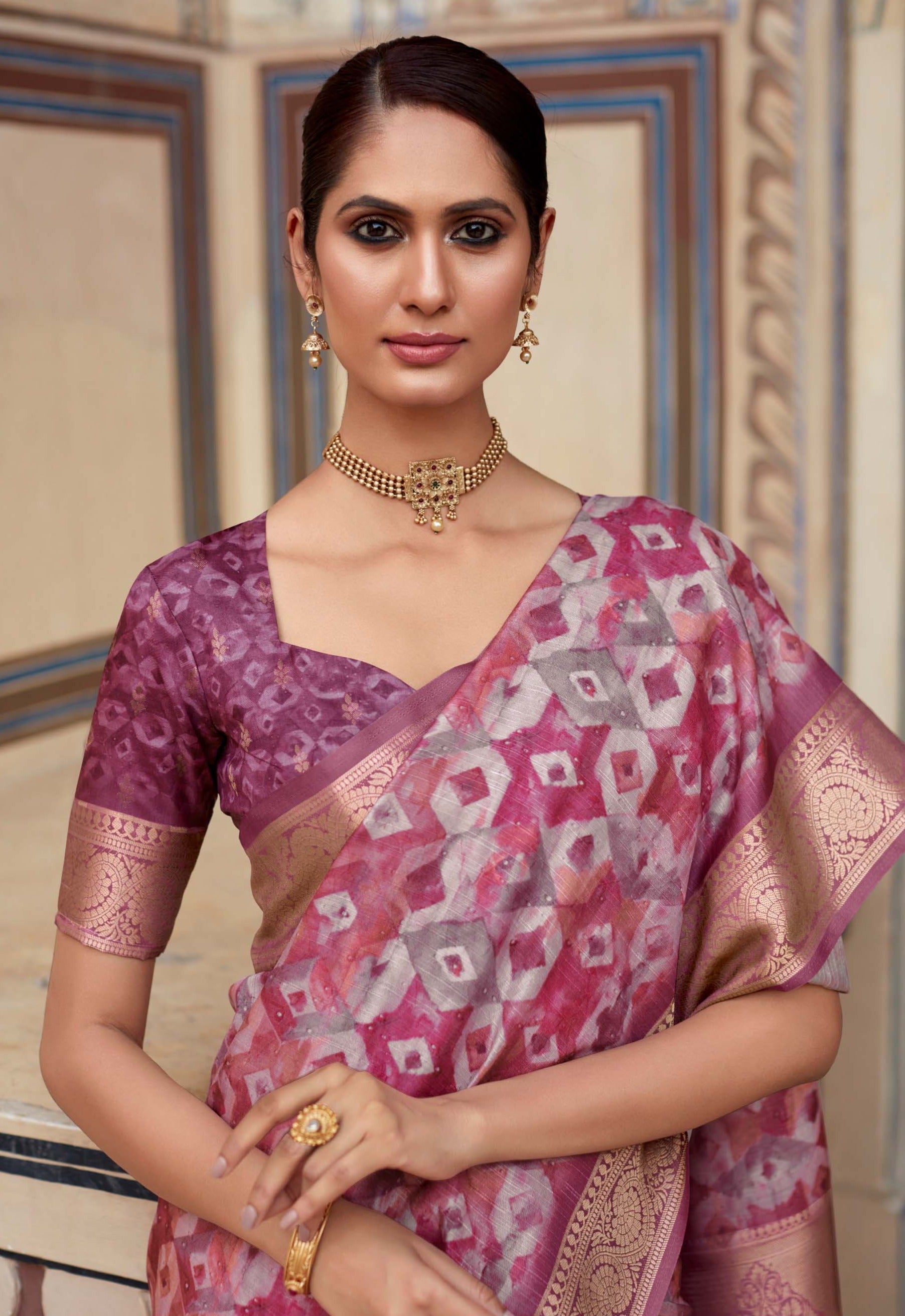 Boysenberry Purple Banarasi Printed Silk Saree