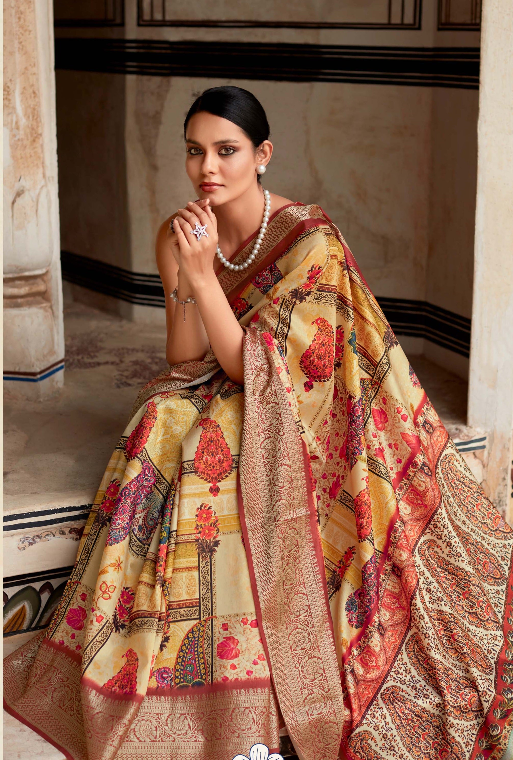 Luminous Yellow Woven Banarasi Printed Silk Saree