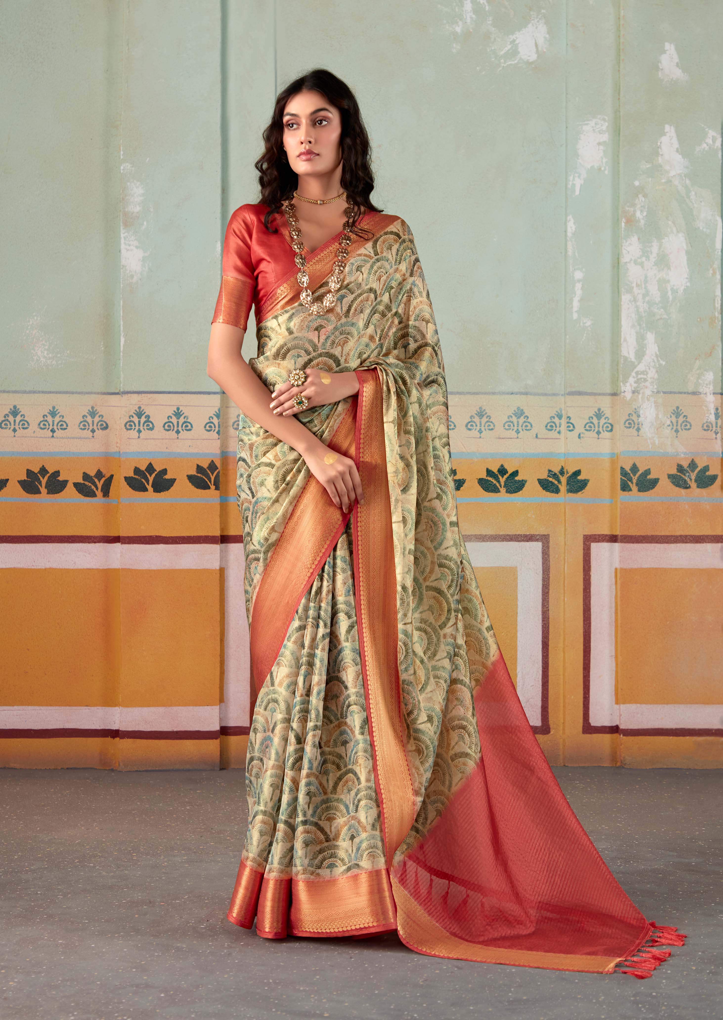 Hillary Green and Orange Banarasi Tissue Silk Saree