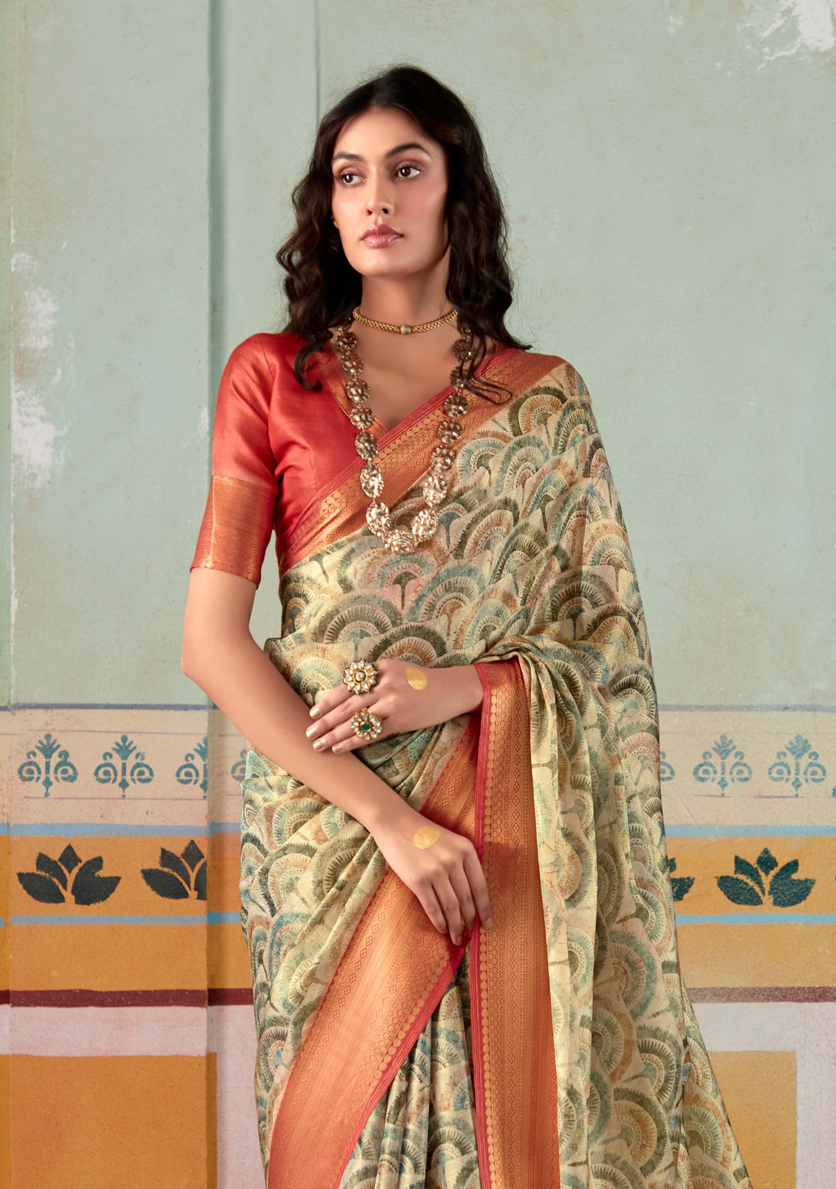 Hillary Green and Orange Banarasi Tissue Silk Saree