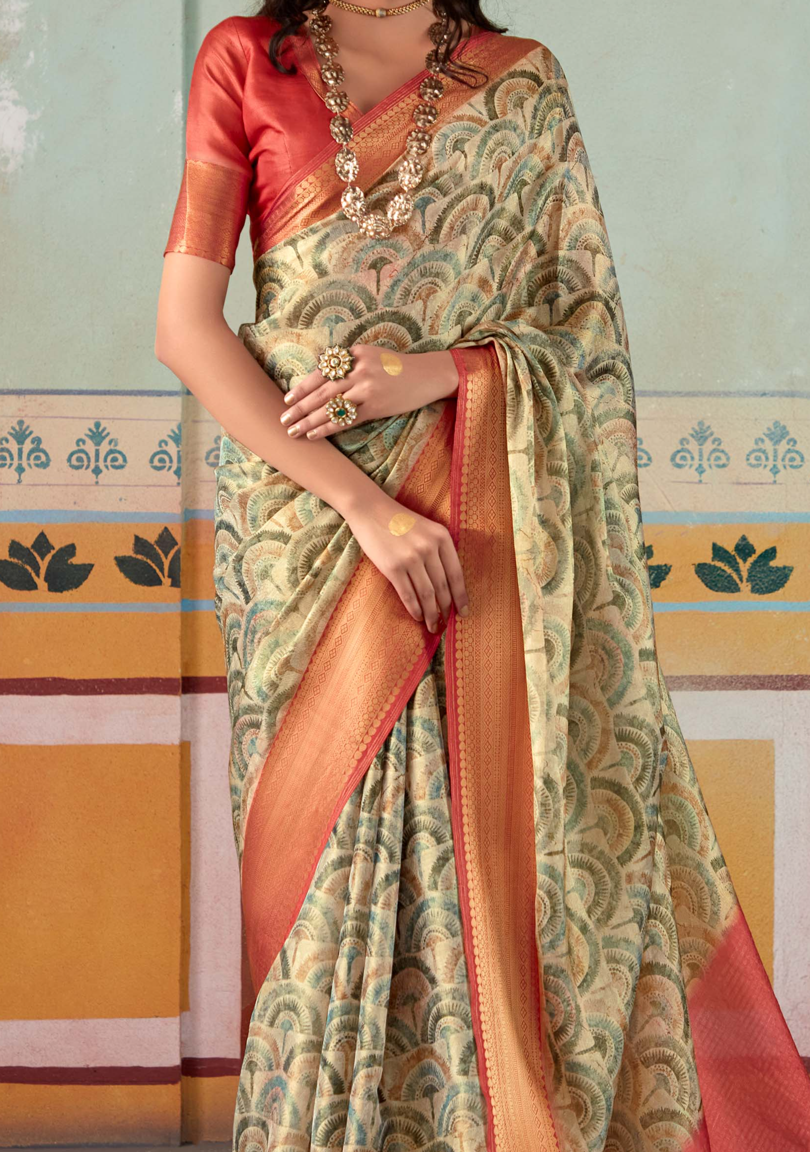 Hillary Green and Orange Banarasi Tissue Silk Saree