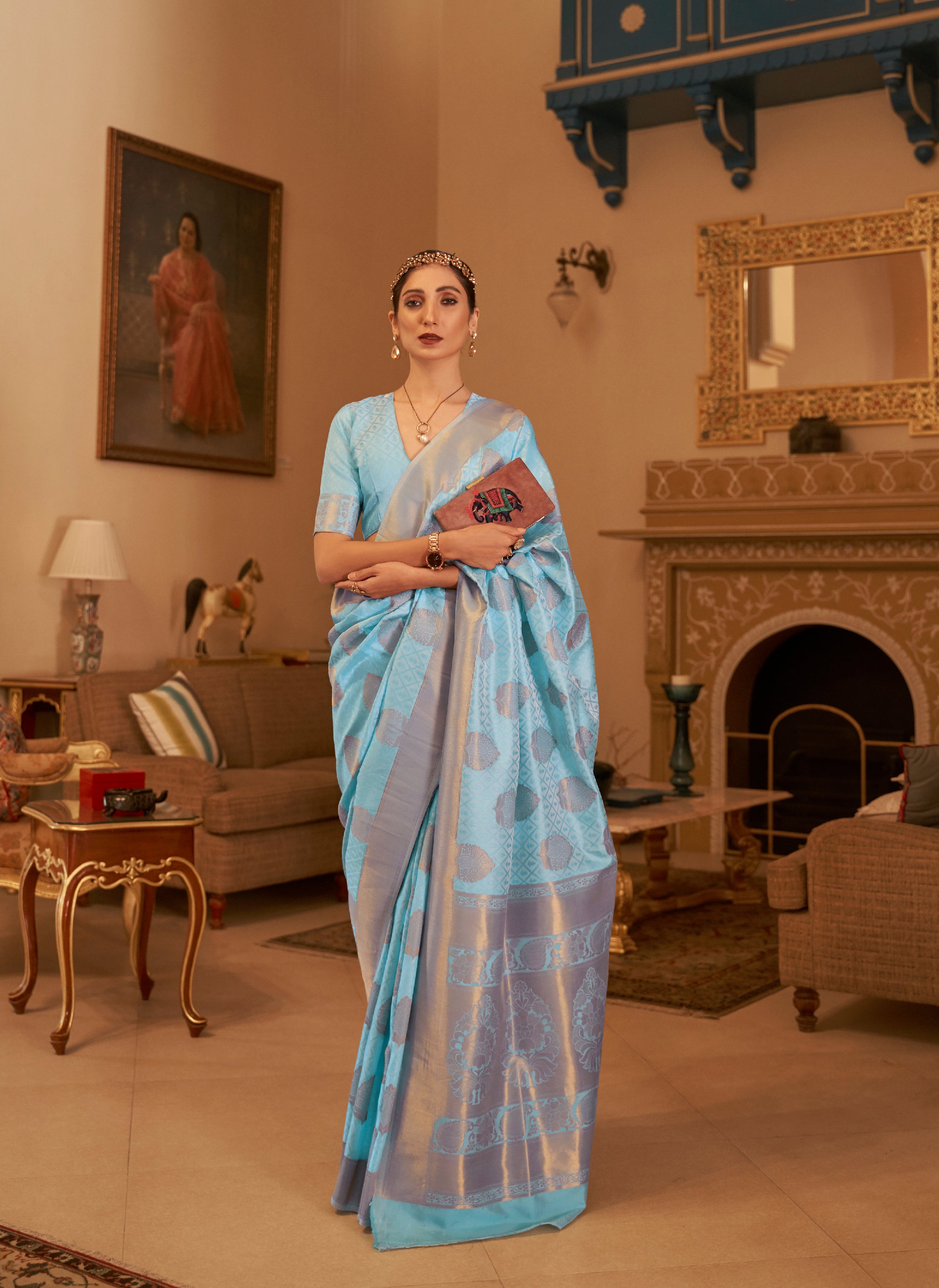 Pastel Sky Blue Banarasi Copper Zari Silk Saree