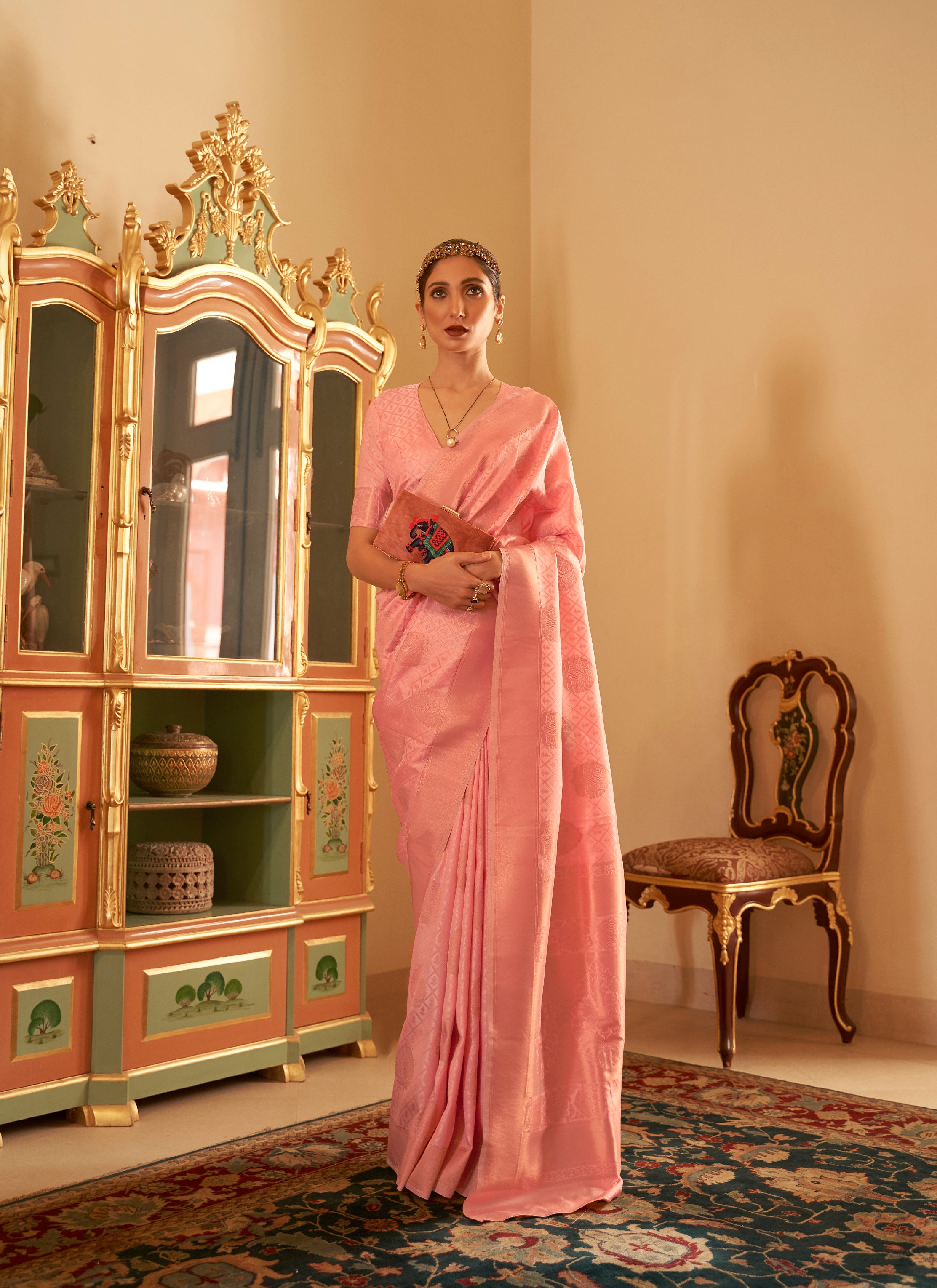 Pristine Pink Banarasi Copper Zari Silk Saree