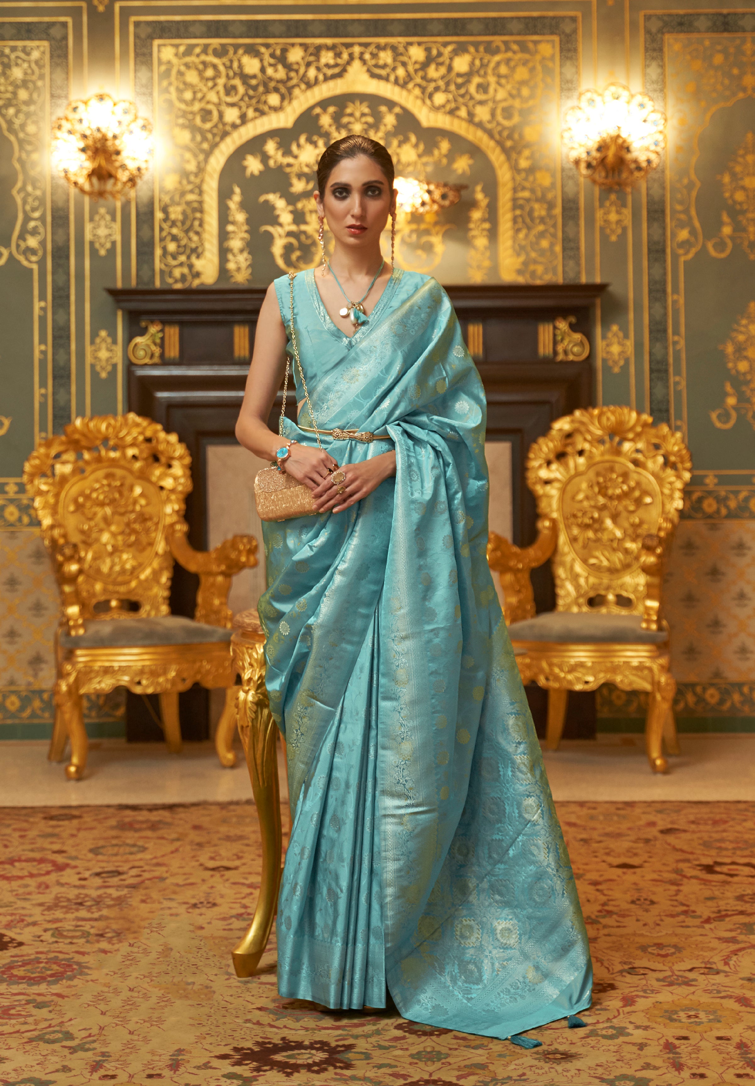 Oceanic Blue Elegance Handloom Kanjivaram Saree