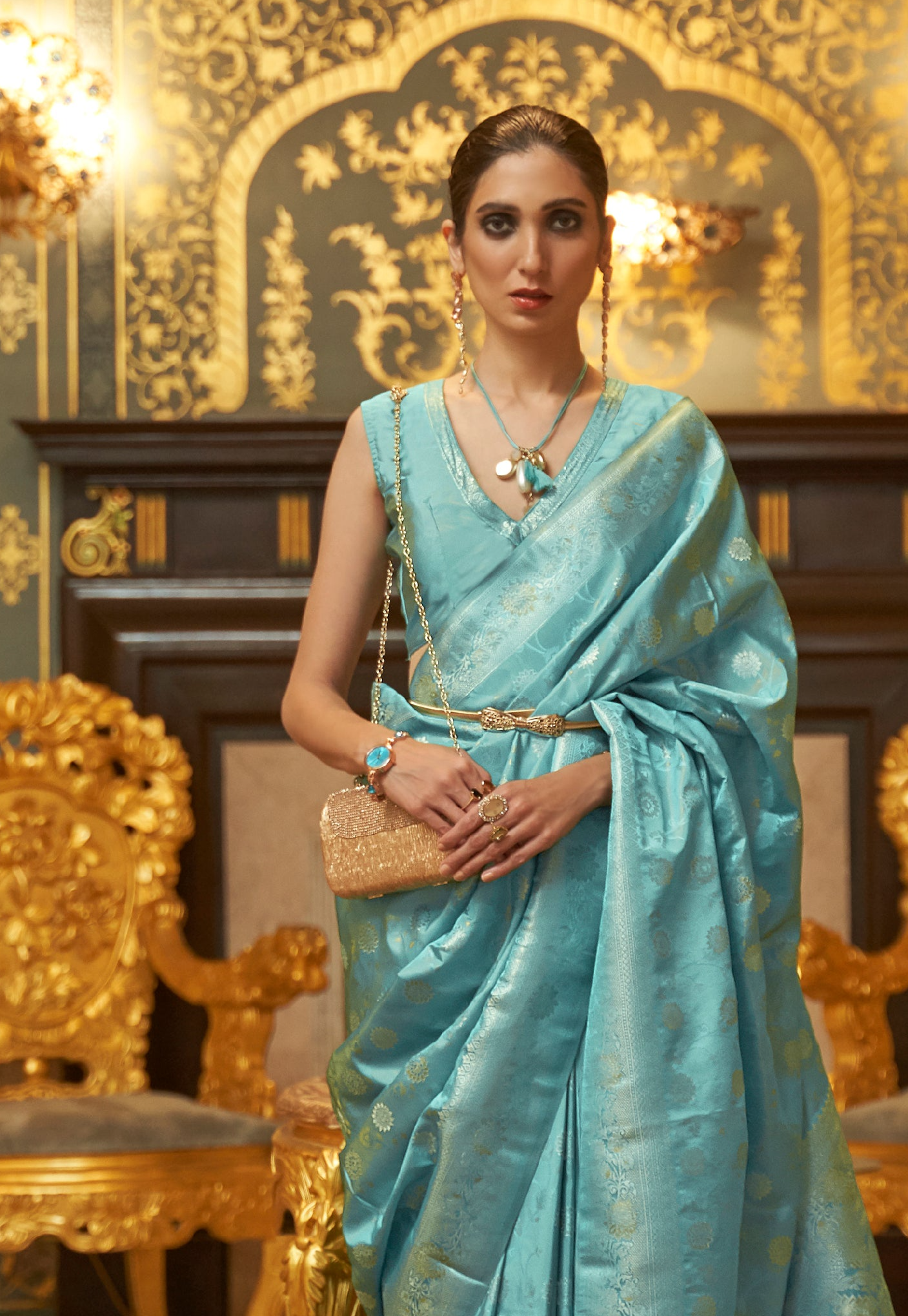 Oceanic Blue Elegance Handloom Kanjivaram Saree