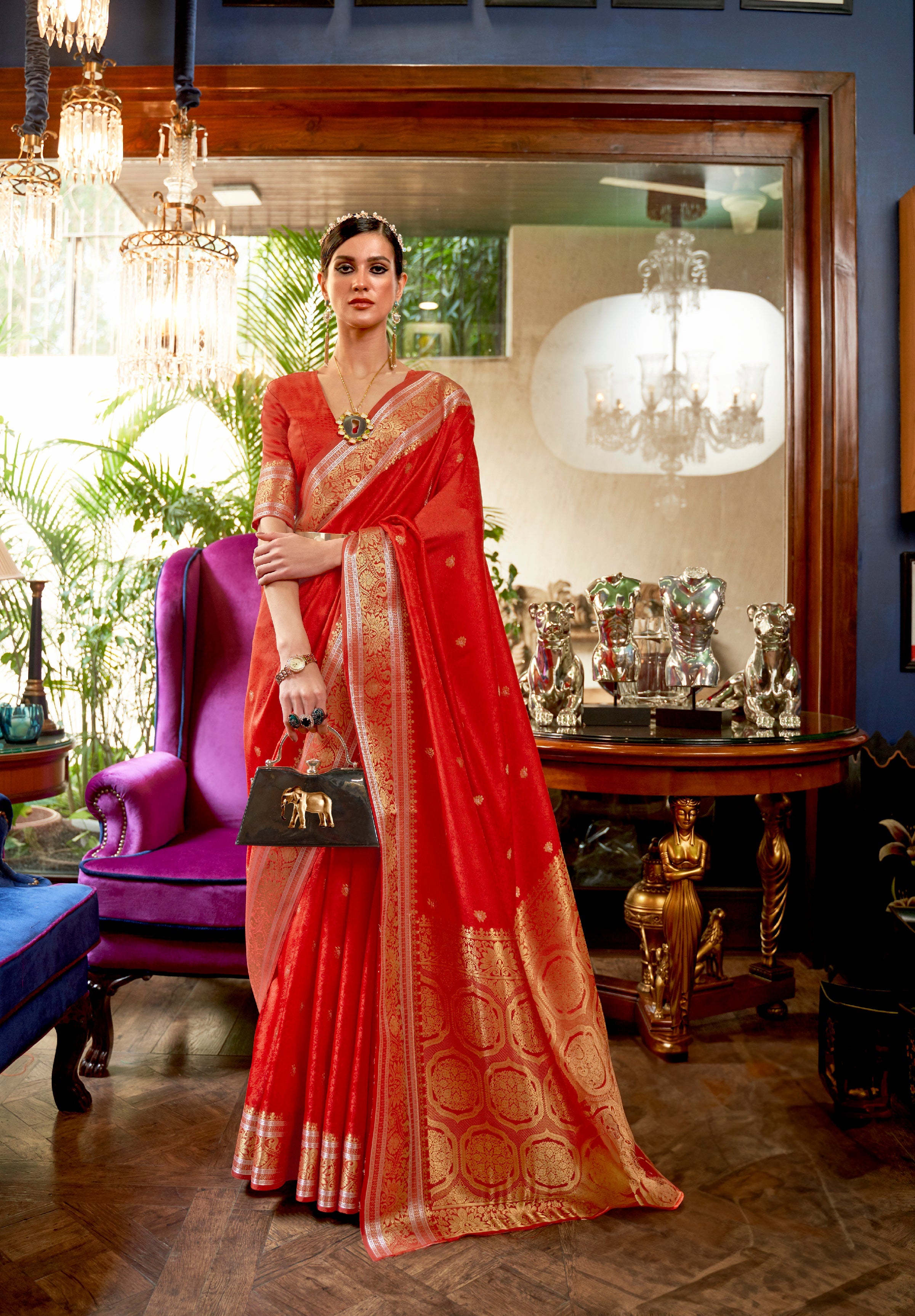 Scarlet Red Blossom Woven Kanchipuram Silk Saree