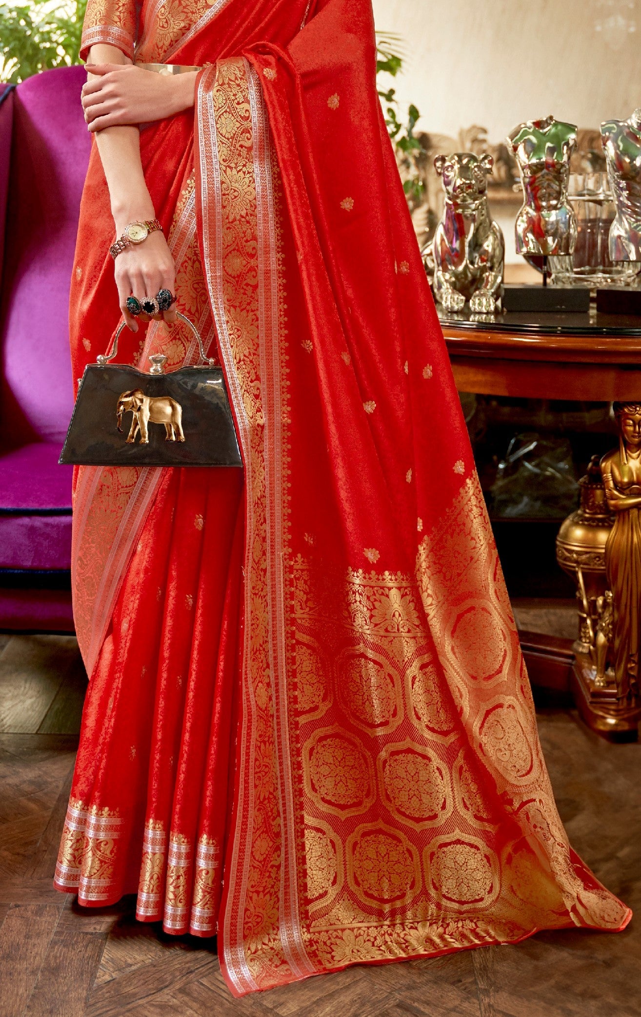 Scarlet Red Blossom Woven Kanchipuram Silk Saree