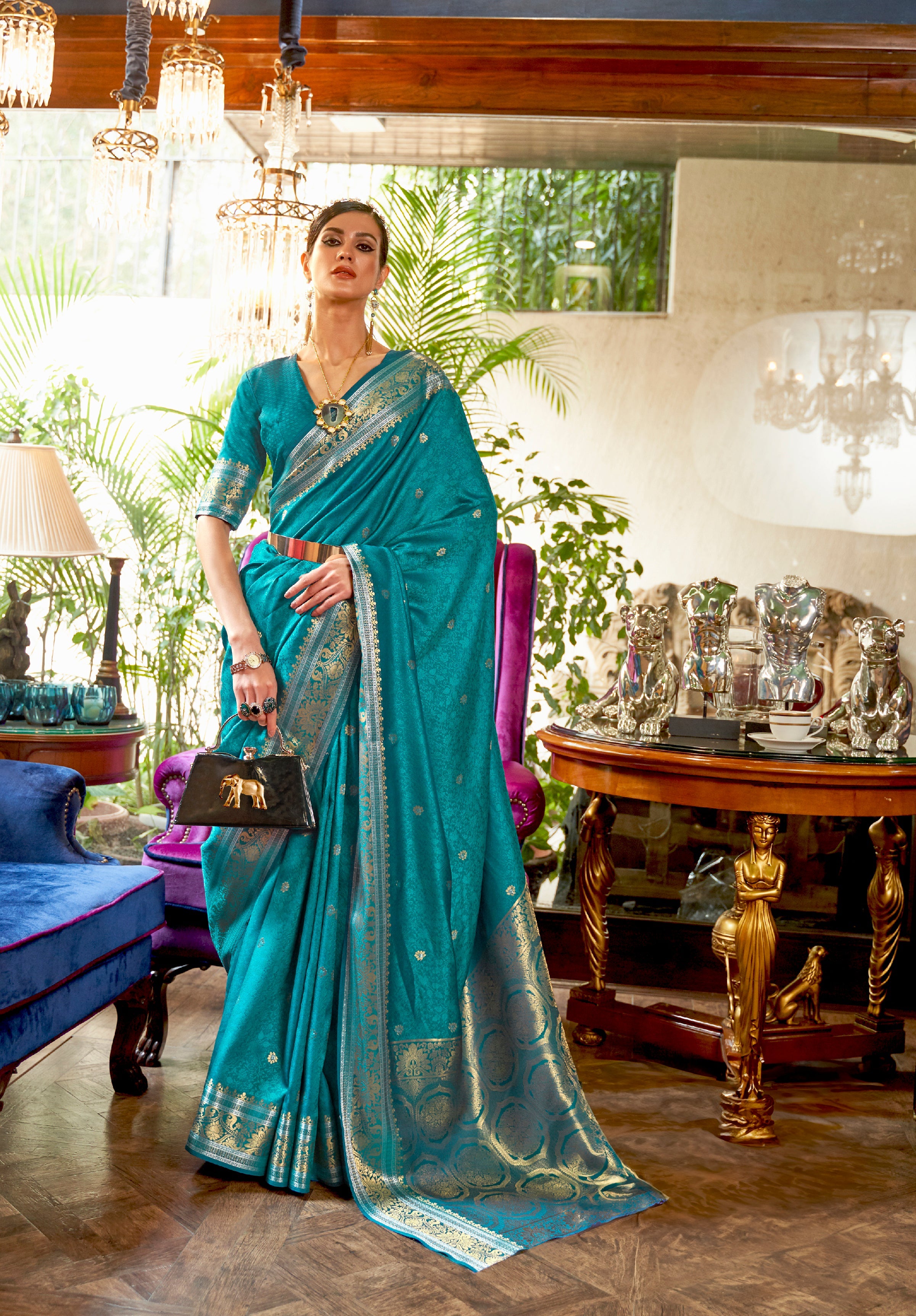 Sapphire Blue Woven Kanjivaram Silk Saree