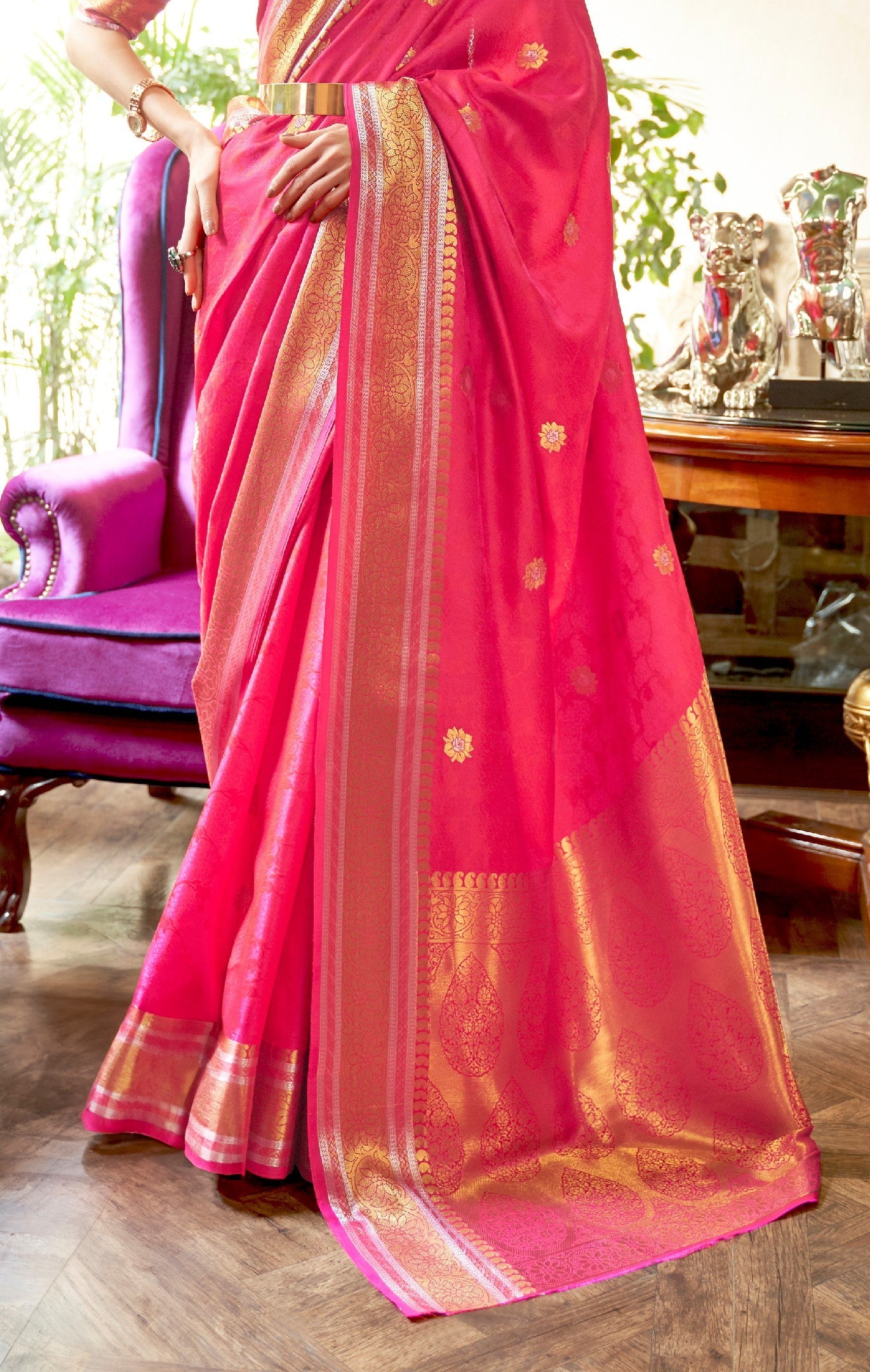 Coral Pink Woven Kanjivaram Silk Saree