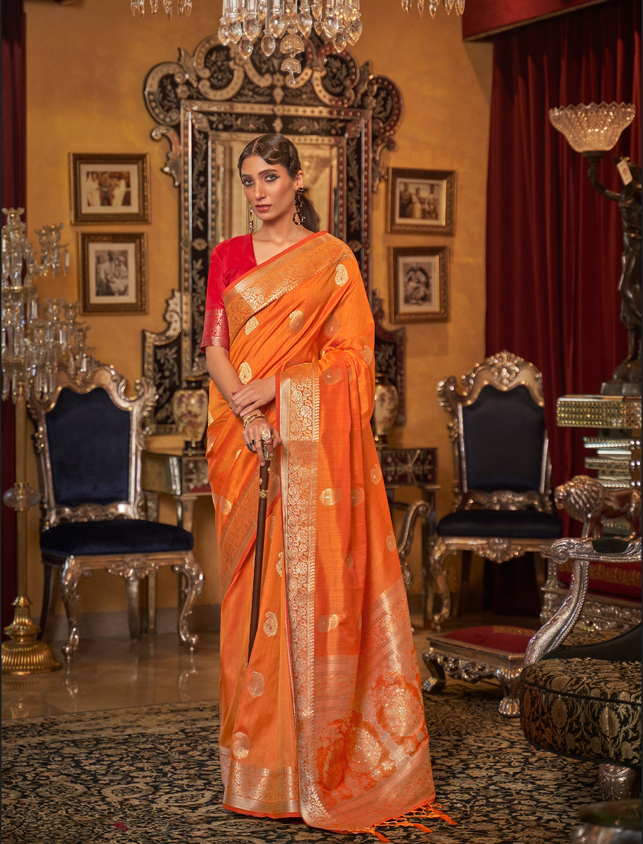 Nectarine Orange Zari Woven Tussar Saree