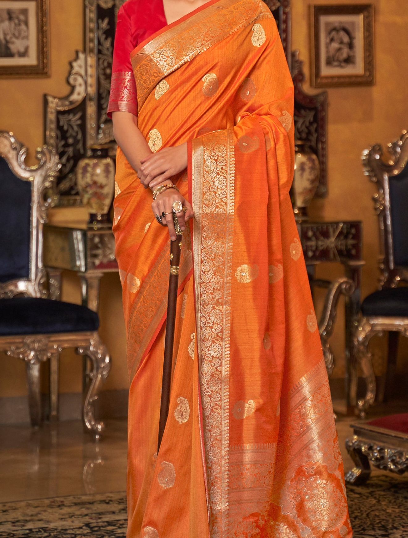 Nectarine Orange Zari Woven Tussar Saree