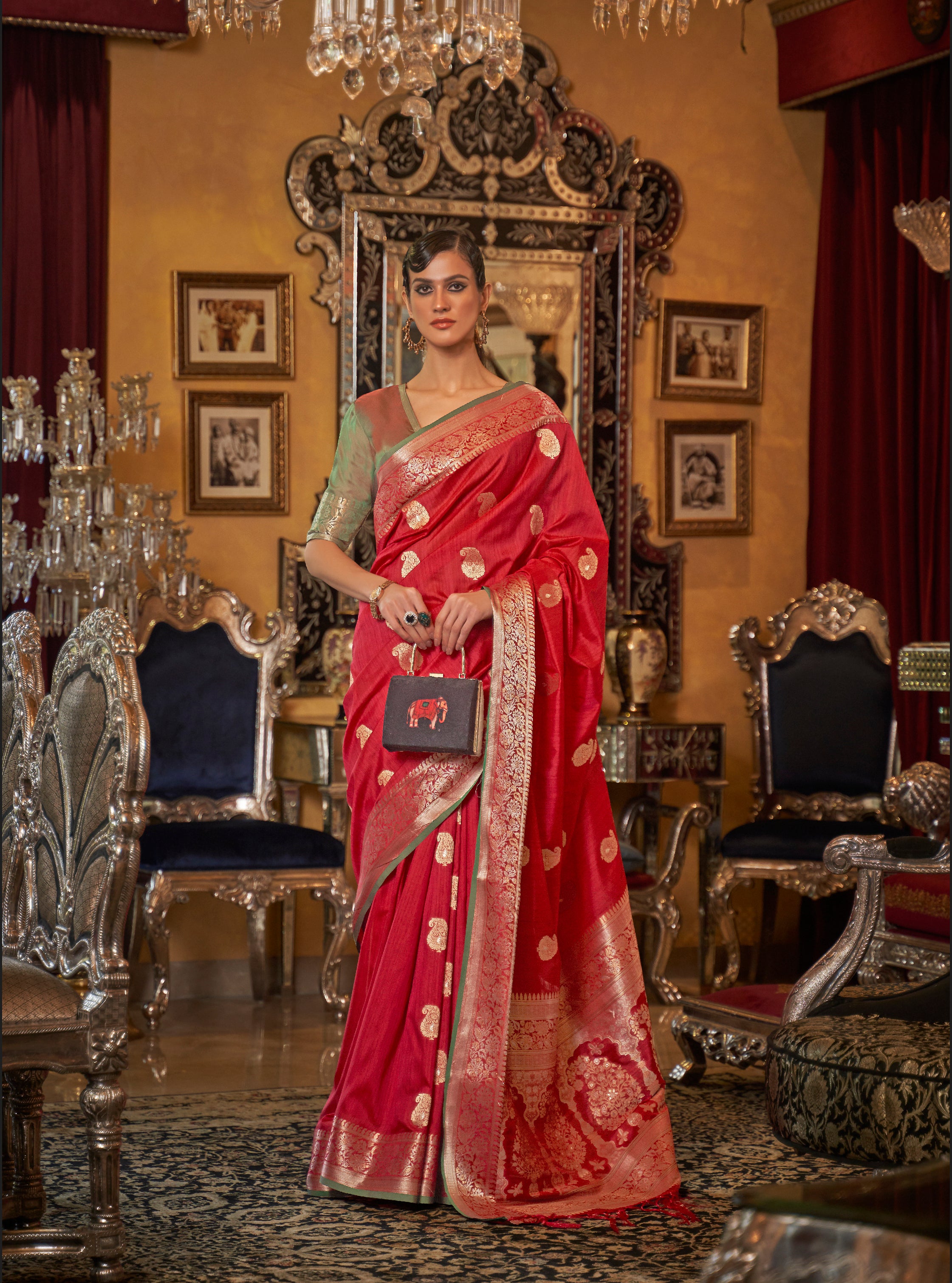 Cherry Red Zari Woven Silk Saree