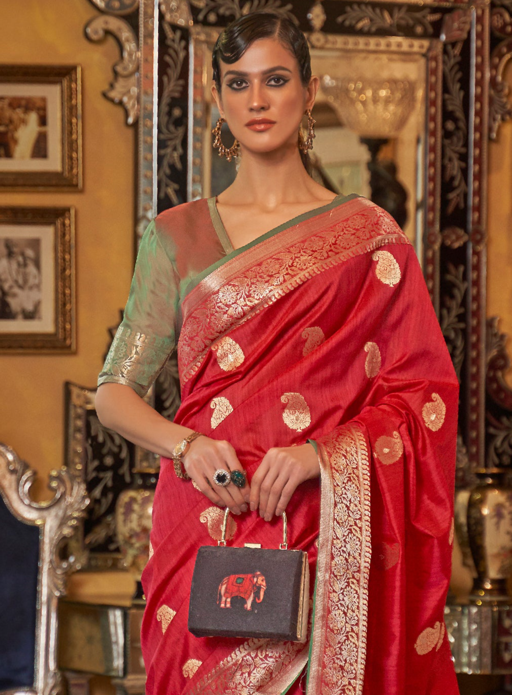 Cherry Red Zari Woven Silk Saree