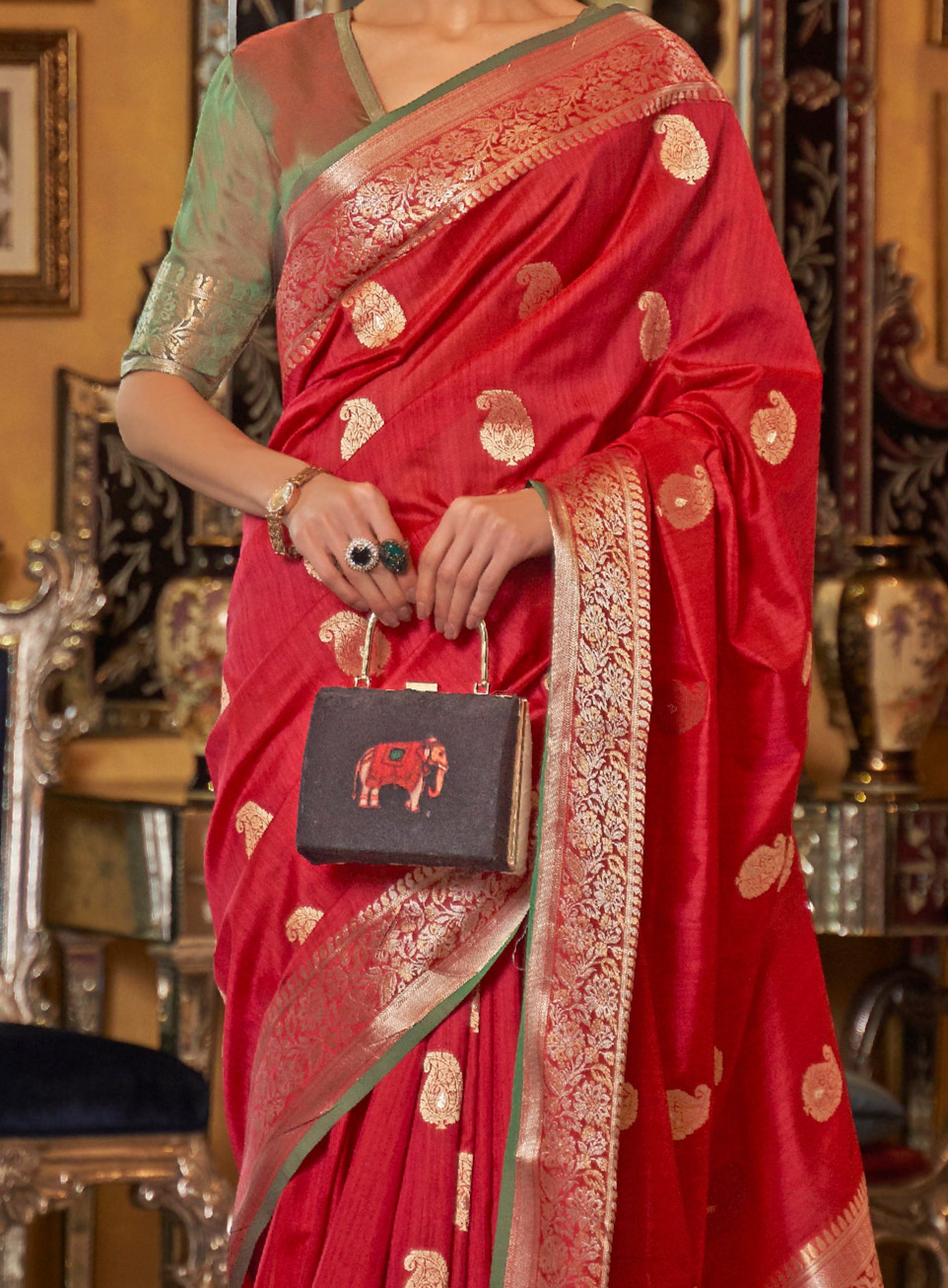 Cherry Red Zari Woven Silk Saree