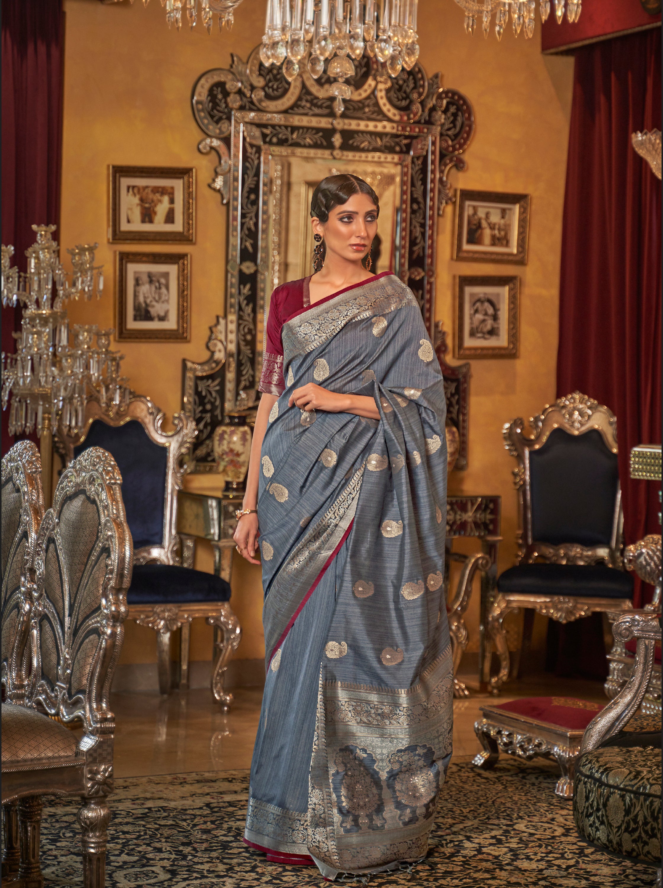 Dove Grey Zari Woven Tussar Saree