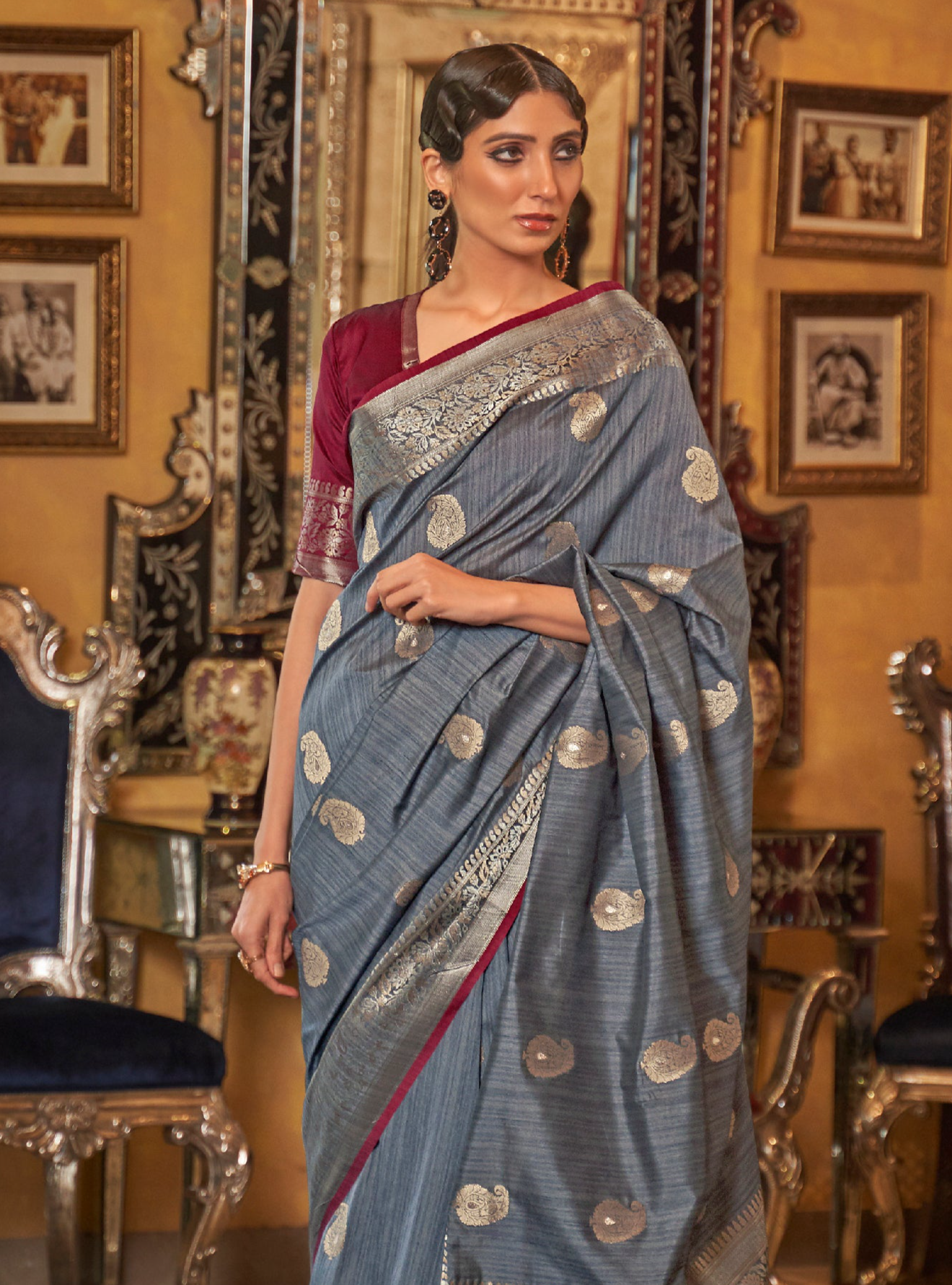 Dove Grey Zari Woven Tussar Saree