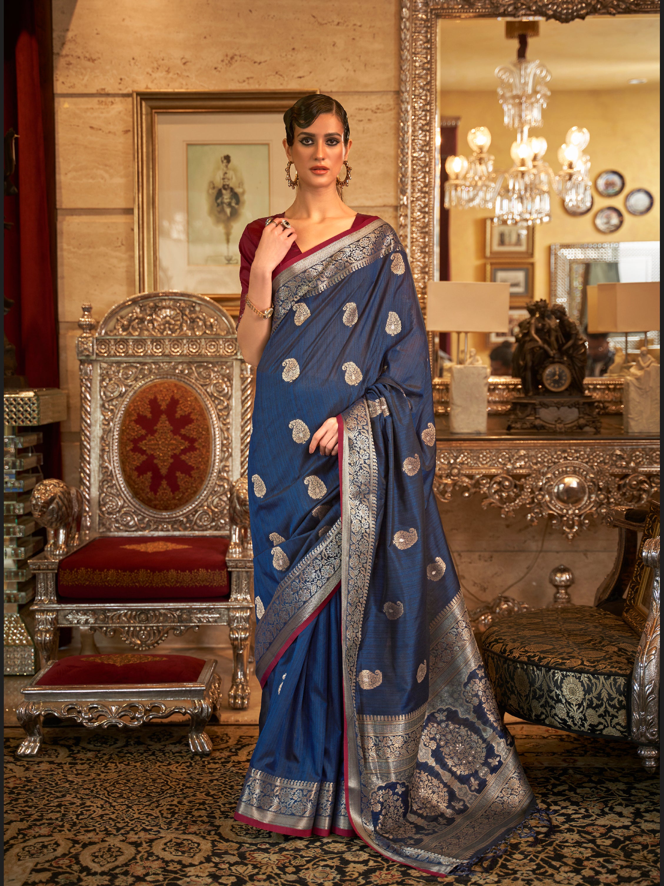 Twilight Dark Blue Zari Woven Tussar Saree