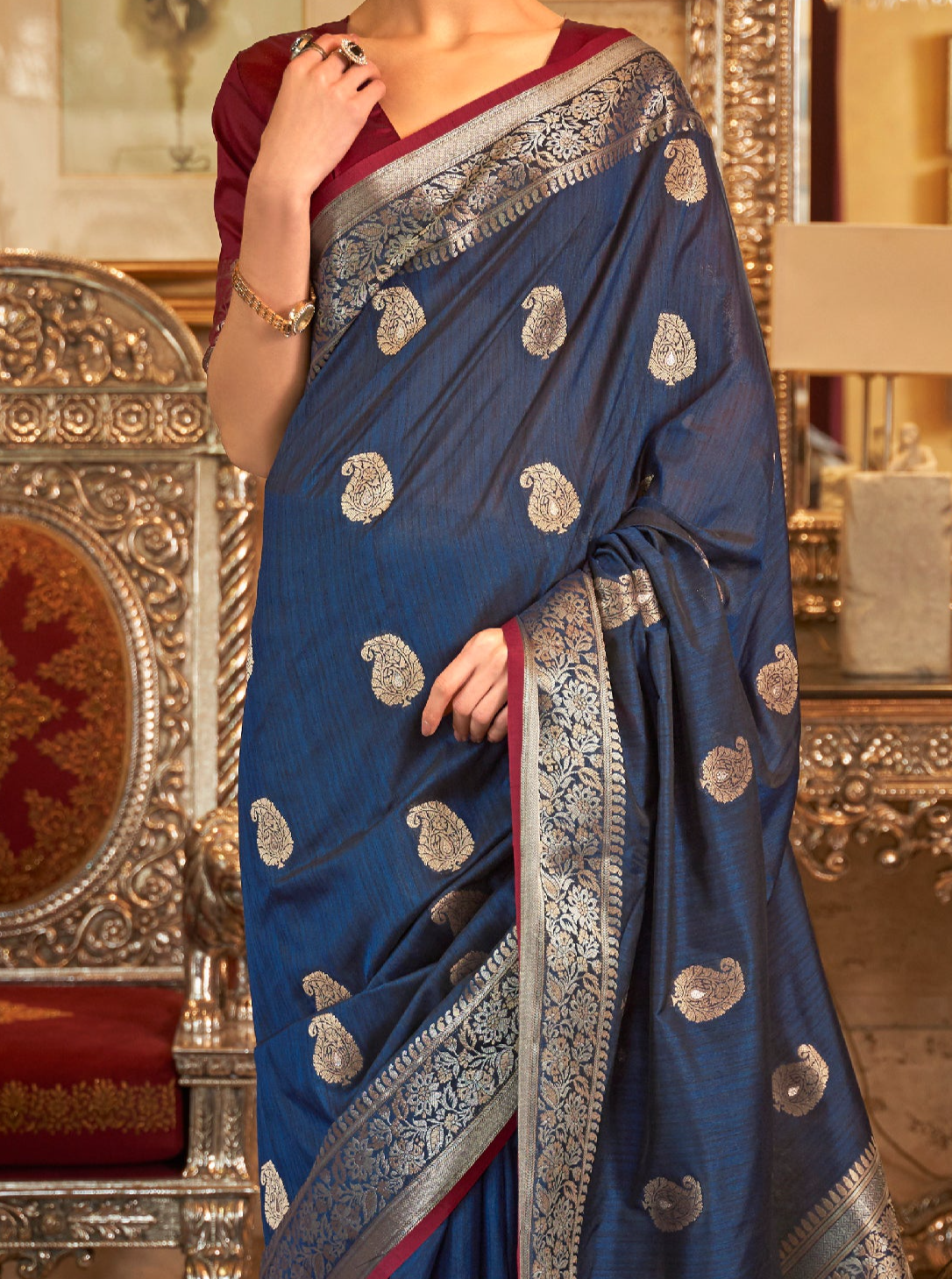 Twilight Dark Blue Zari Woven Tussar Saree