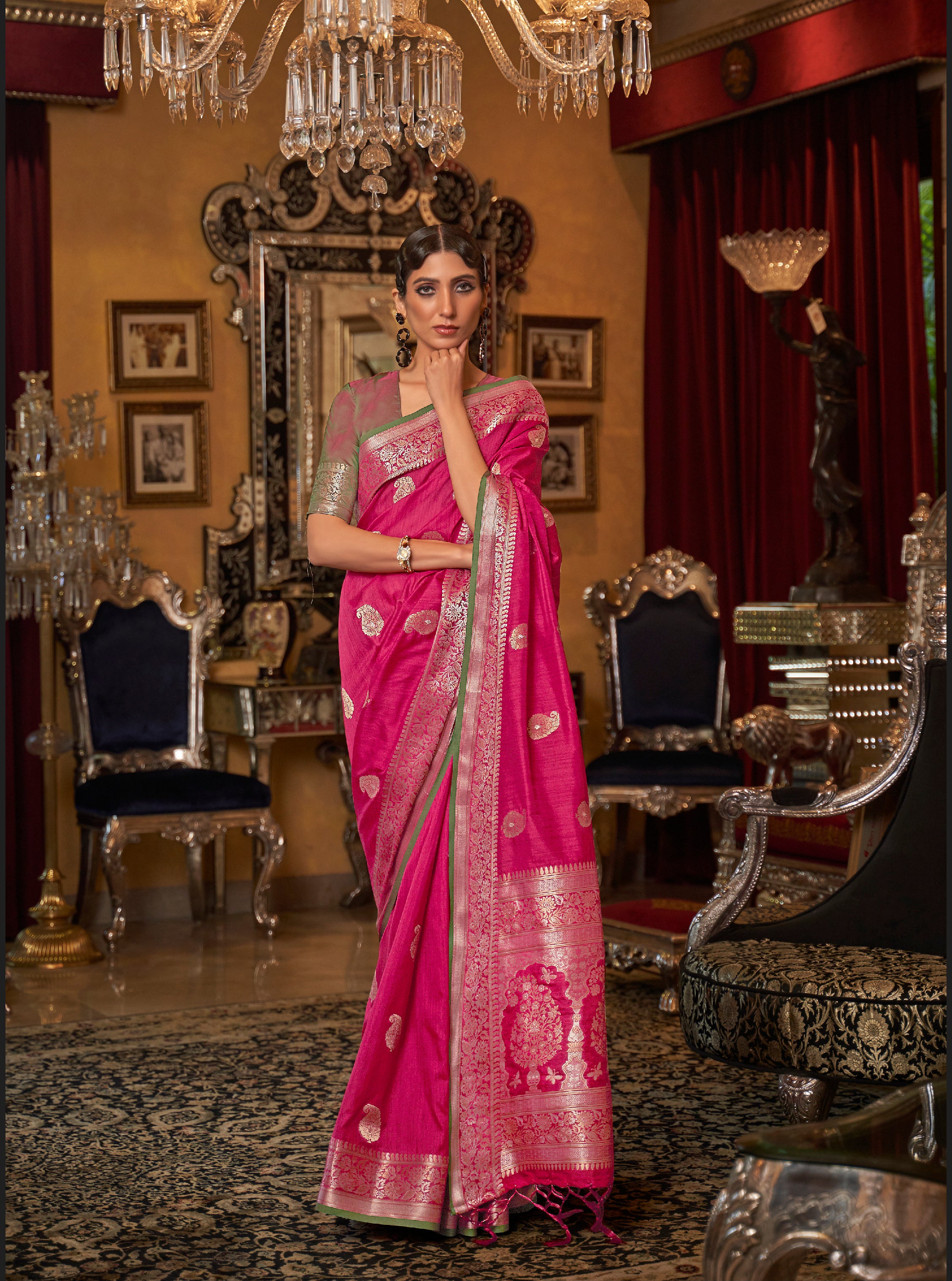 Saturated Dark Pink Zari Woven Silk Saree