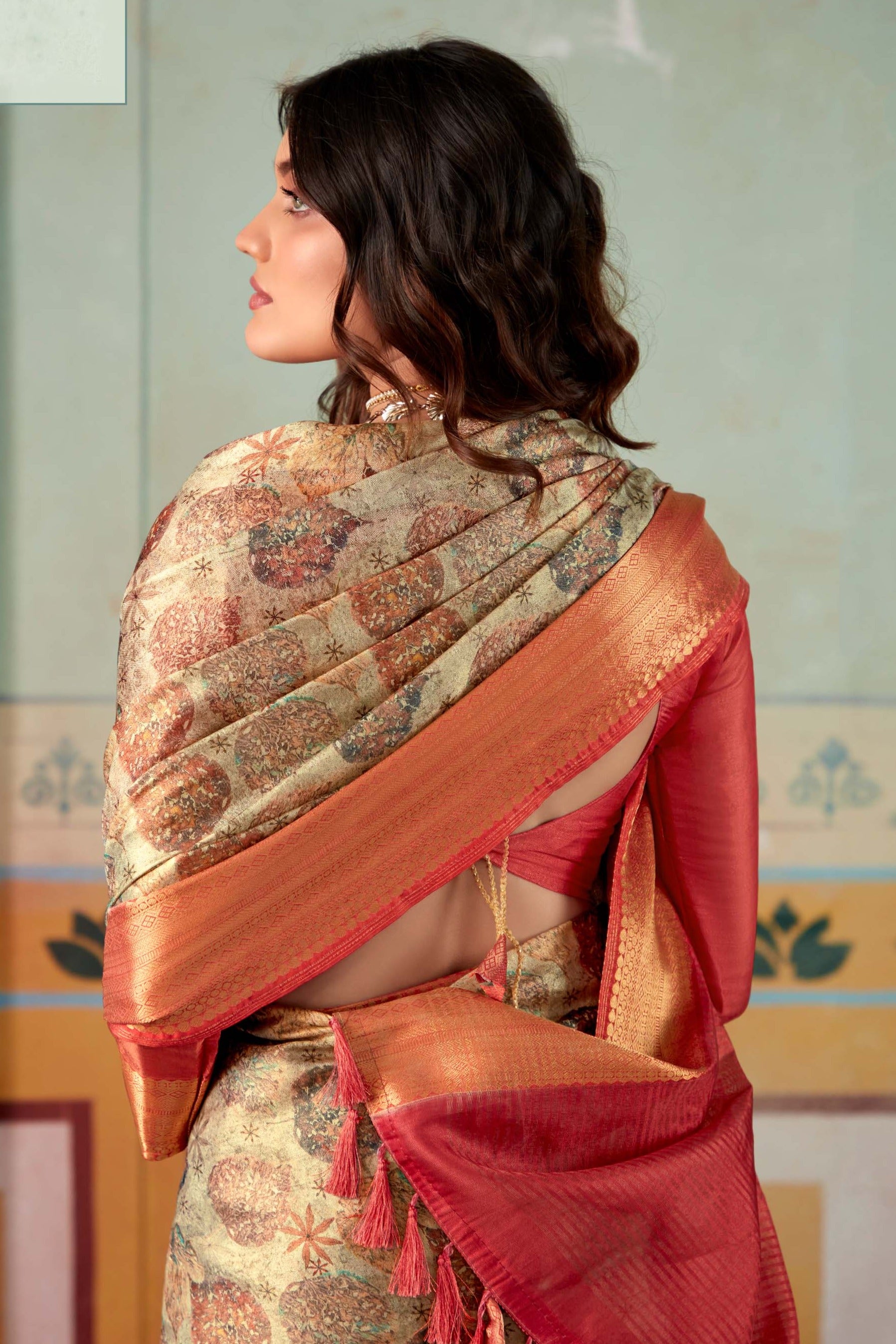 Exquisite Mongoose Brown and Red Banarasi Tissue Silk Saree