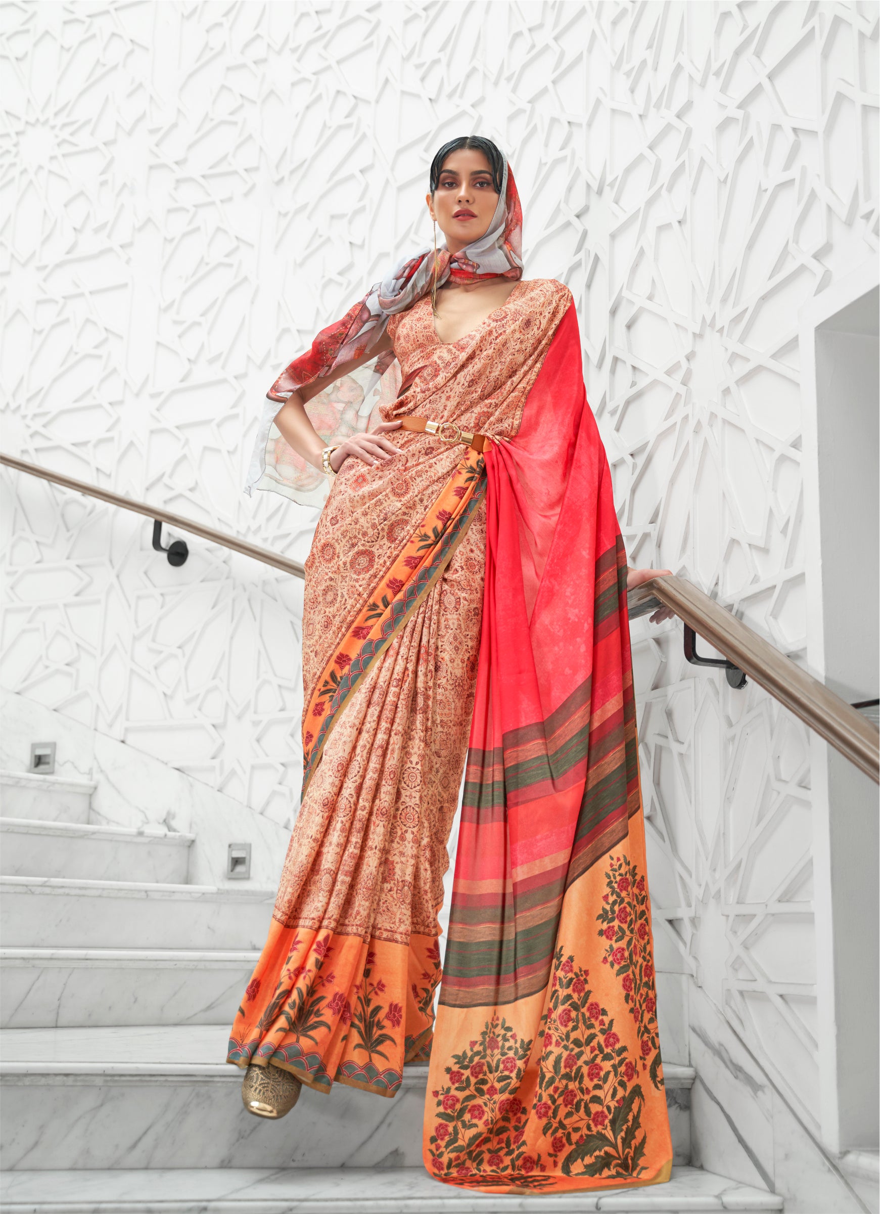 Vibrant Orange Kalamkari Printed Crepe Saree