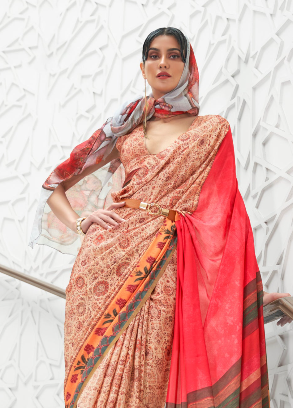 Vibrant Orange Kalamkari Printed Crepe Saree