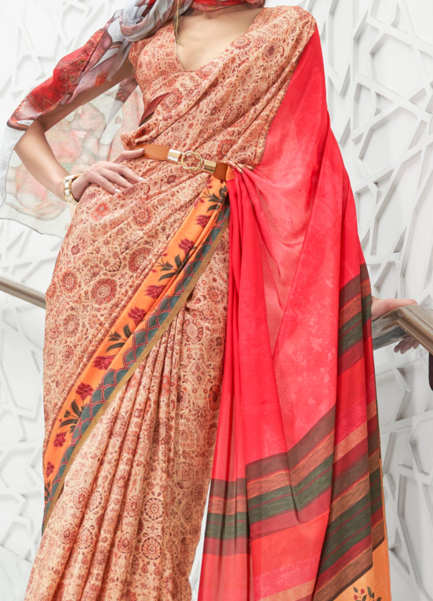 Vibrant Orange Kalamkari Printed Crepe Saree