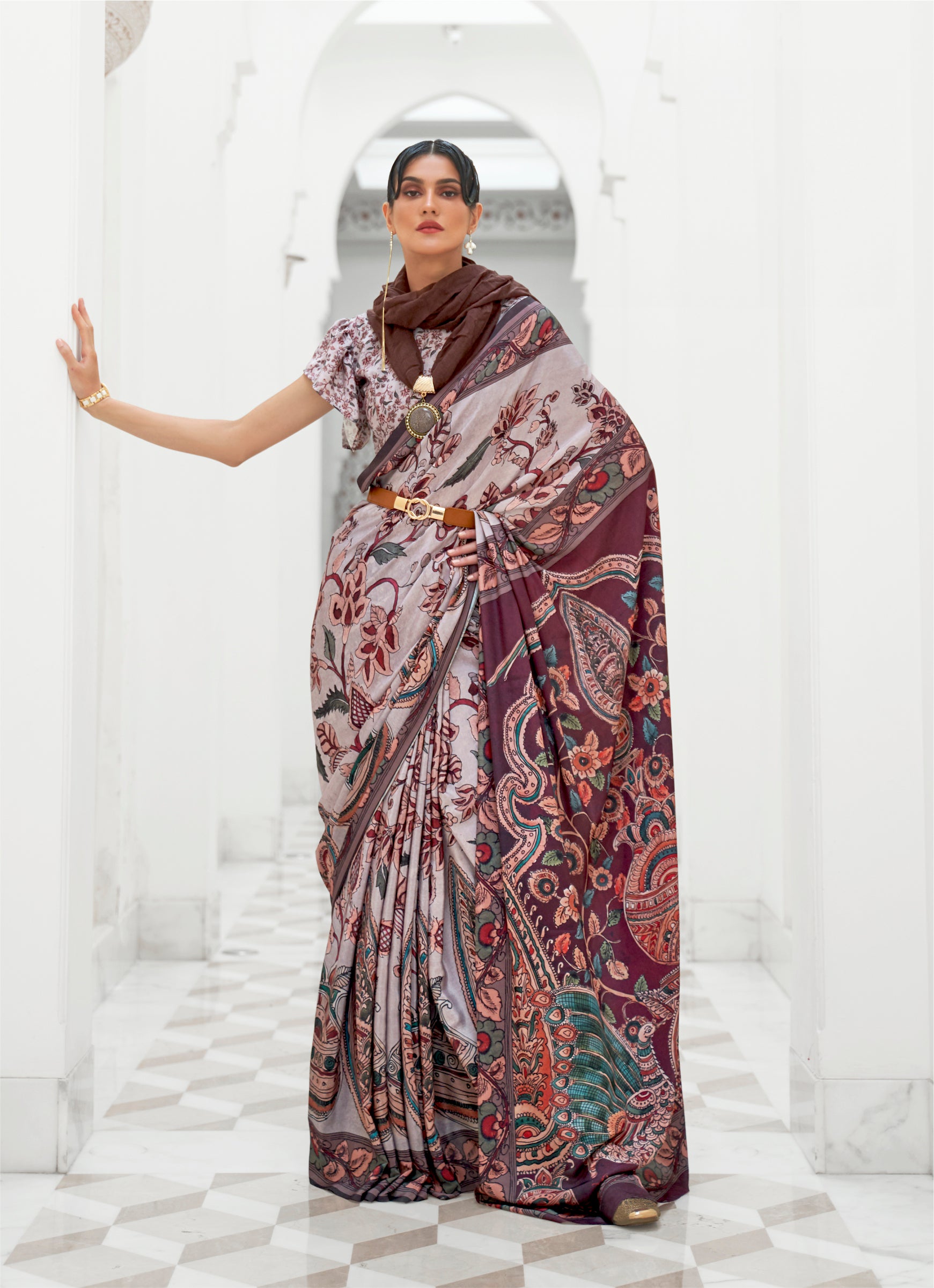 Elegant Brown Kalamkari Printed Crepe Saree - Timeless Charm