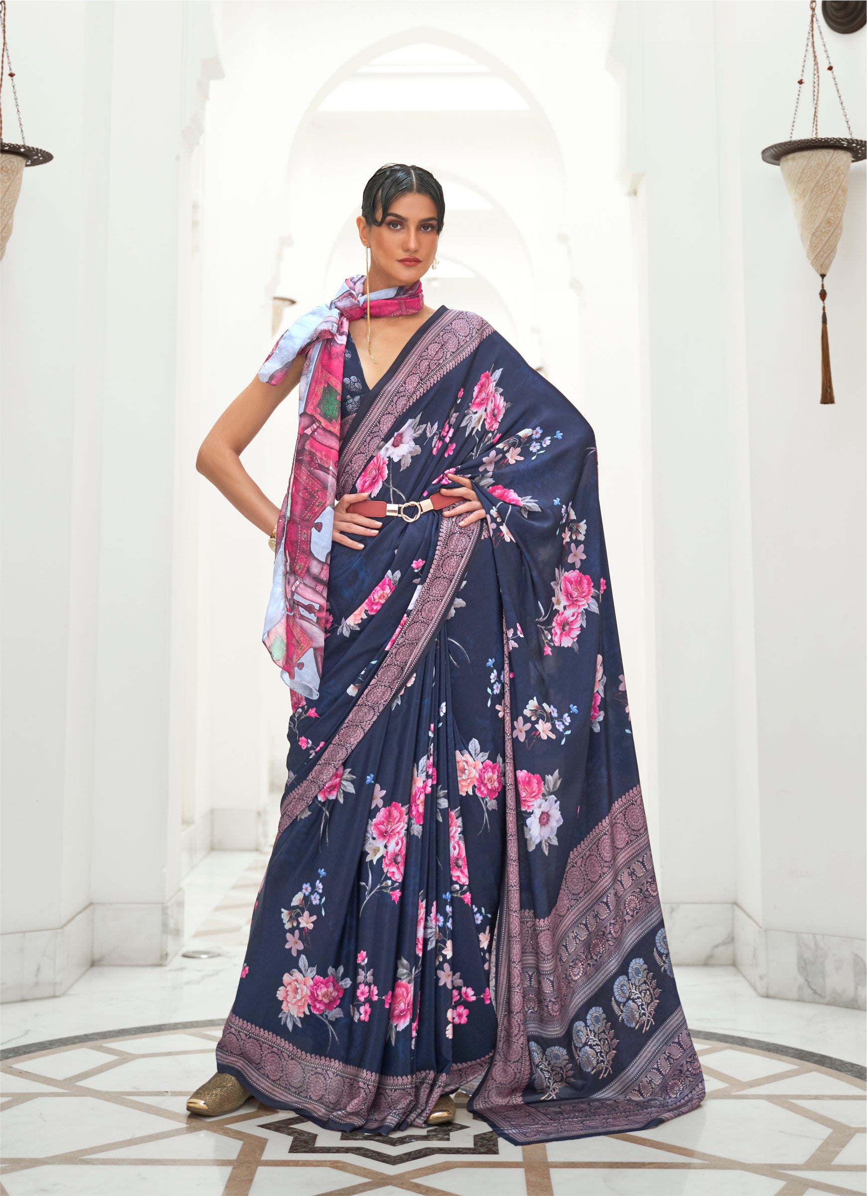 Stunning Navy Blue Kalamkari Printed Crepe Saree