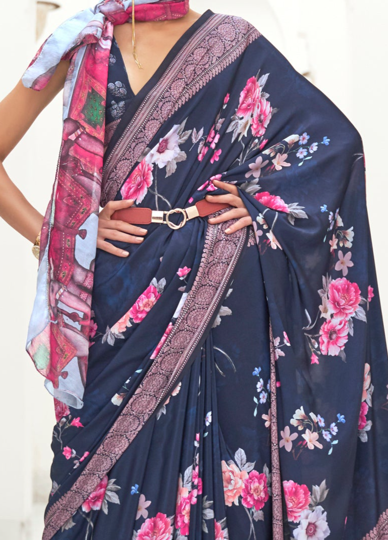 Stunning Navy Blue Kalamkari Printed Crepe Saree