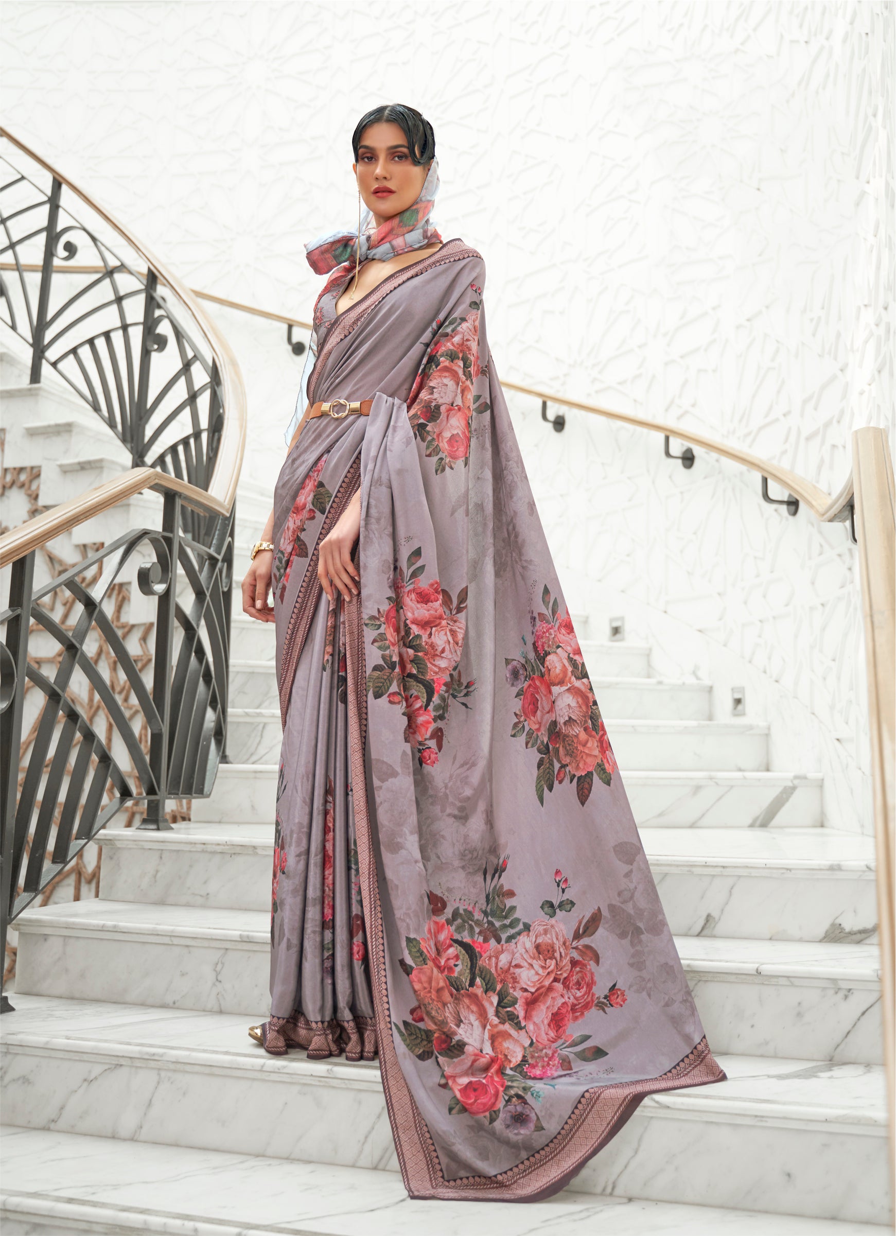 Ebony Grey Kalamkari Printed Crepe Saree