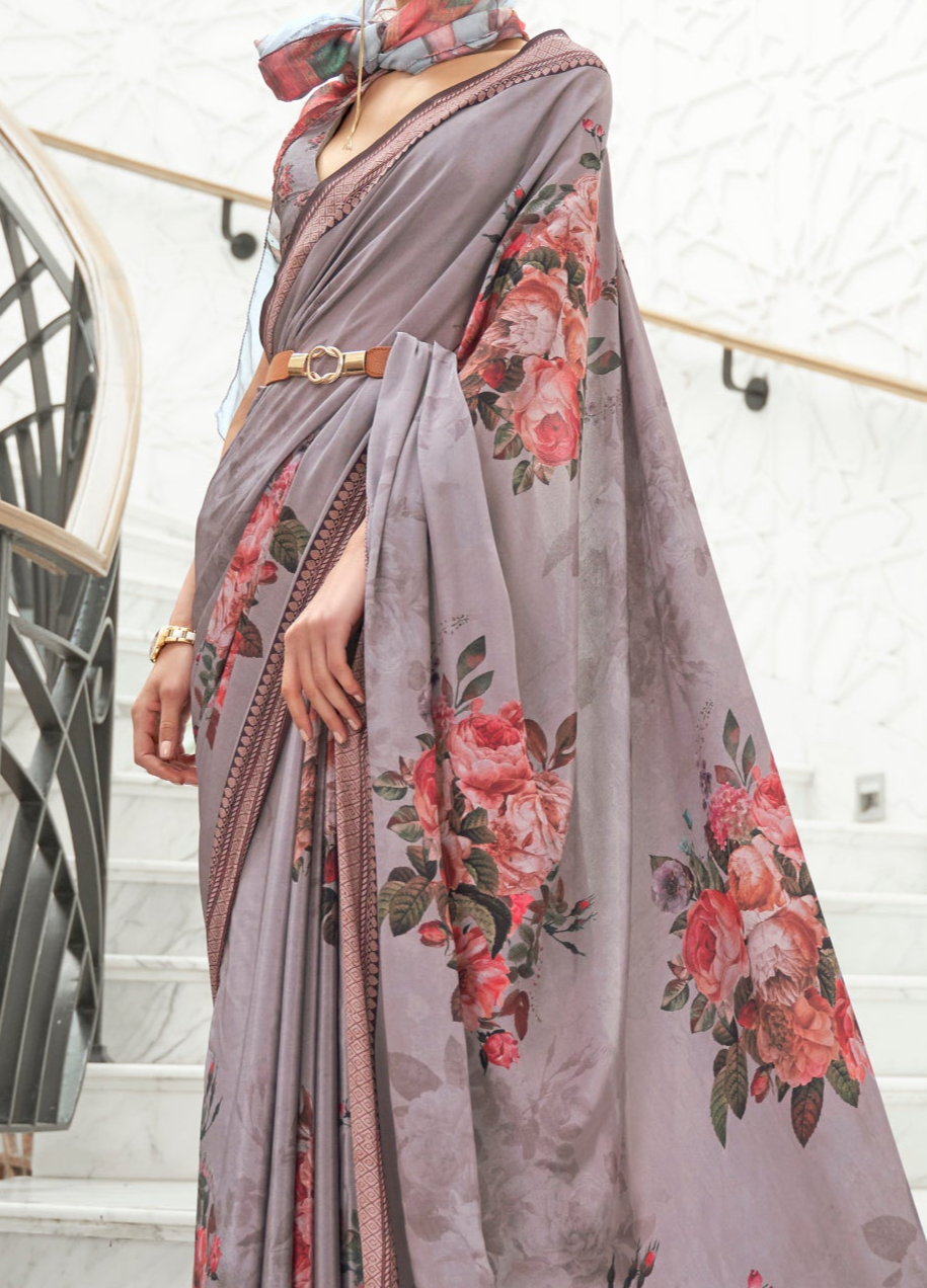 Ebony Grey Kalamkari Printed Crepe Saree