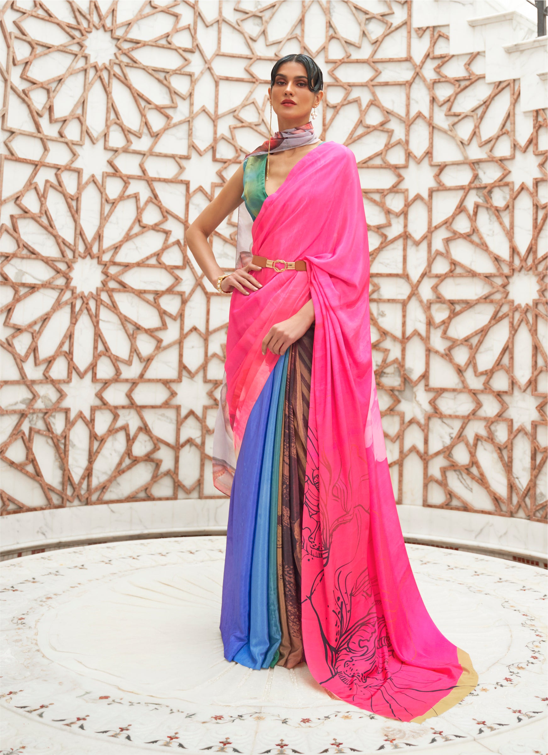 Fuchsia Pink Kalamkari Printed Crepe Saree