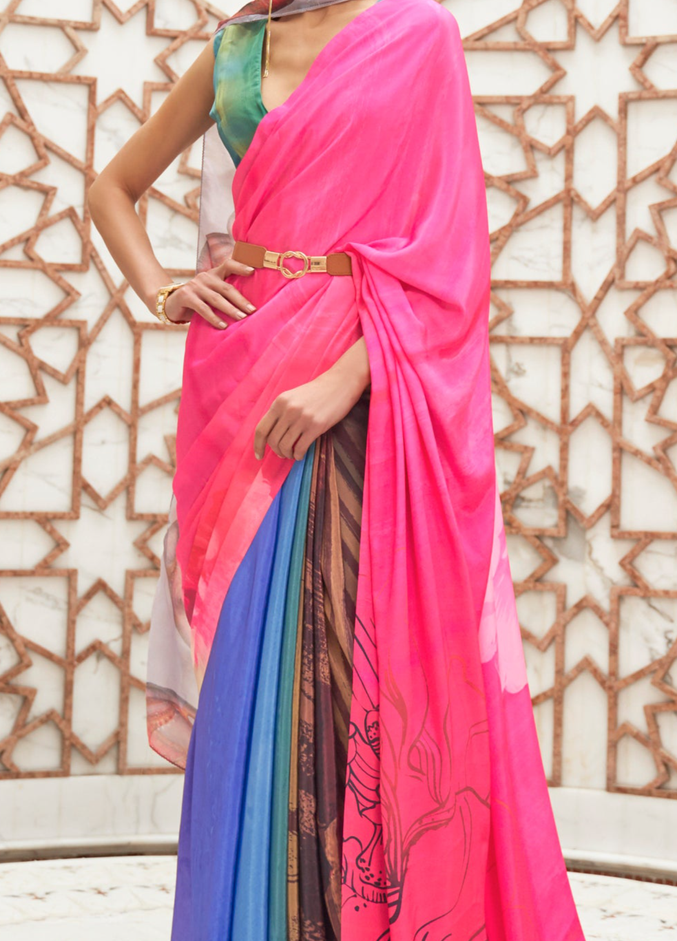 Fuchsia Pink Kalamkari Printed Crepe Saree