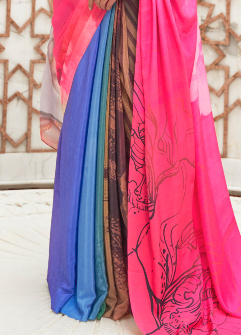 Fuchsia Pink Kalamkari Printed Crepe Saree