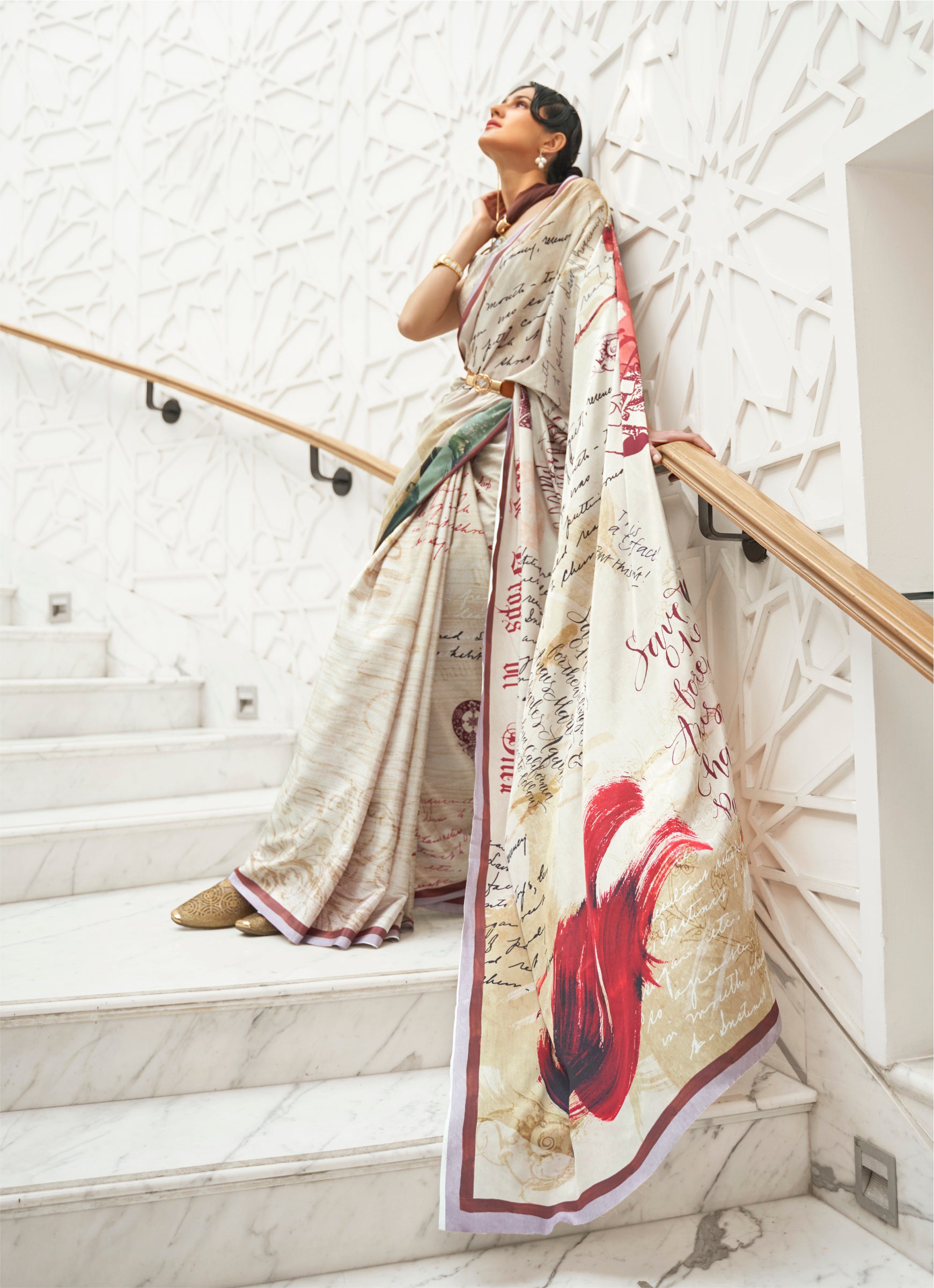 Paleo Off-White Kalamkari Printed Crepe Saree