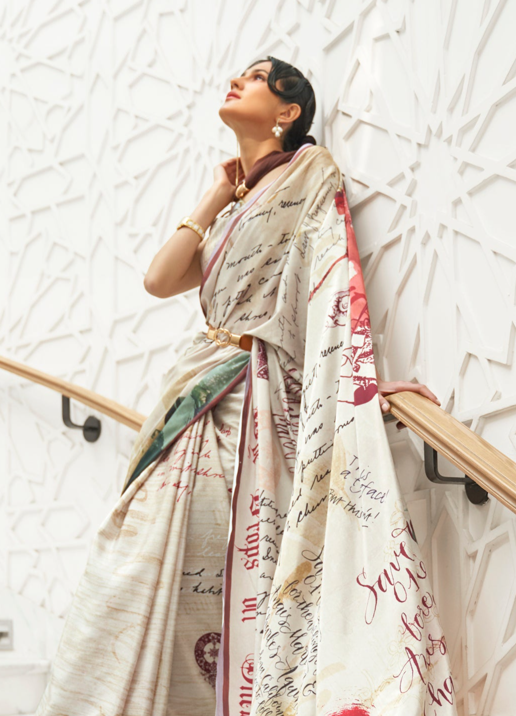 Paleo Off-White Kalamkari Printed Crepe Saree