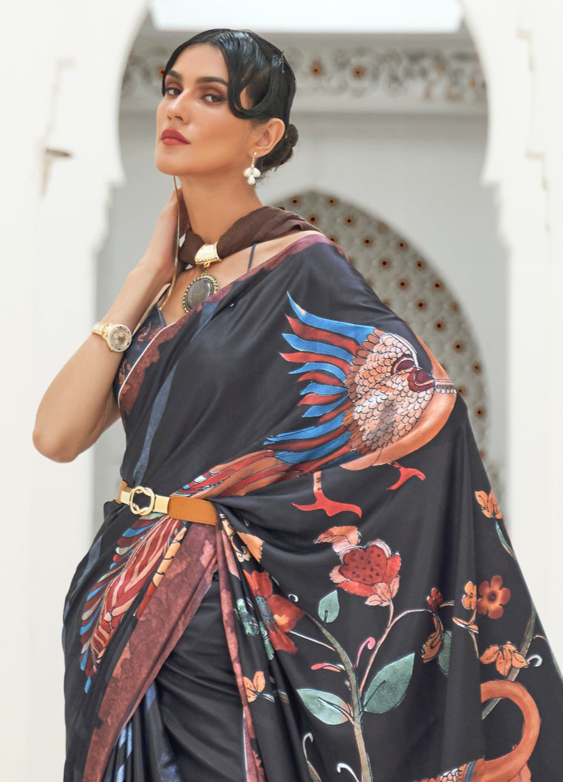 Sophisticated Grey Kalamkari Printed Crepe Saree