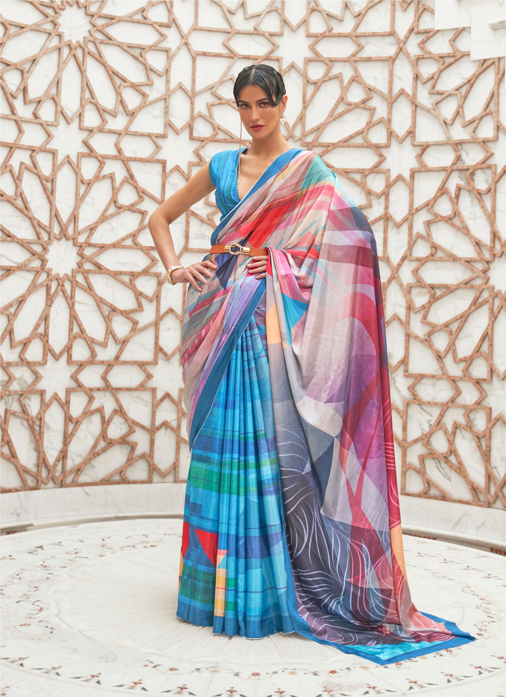 Tranquil Water Blue Kalamkari Printed Crepe Saree