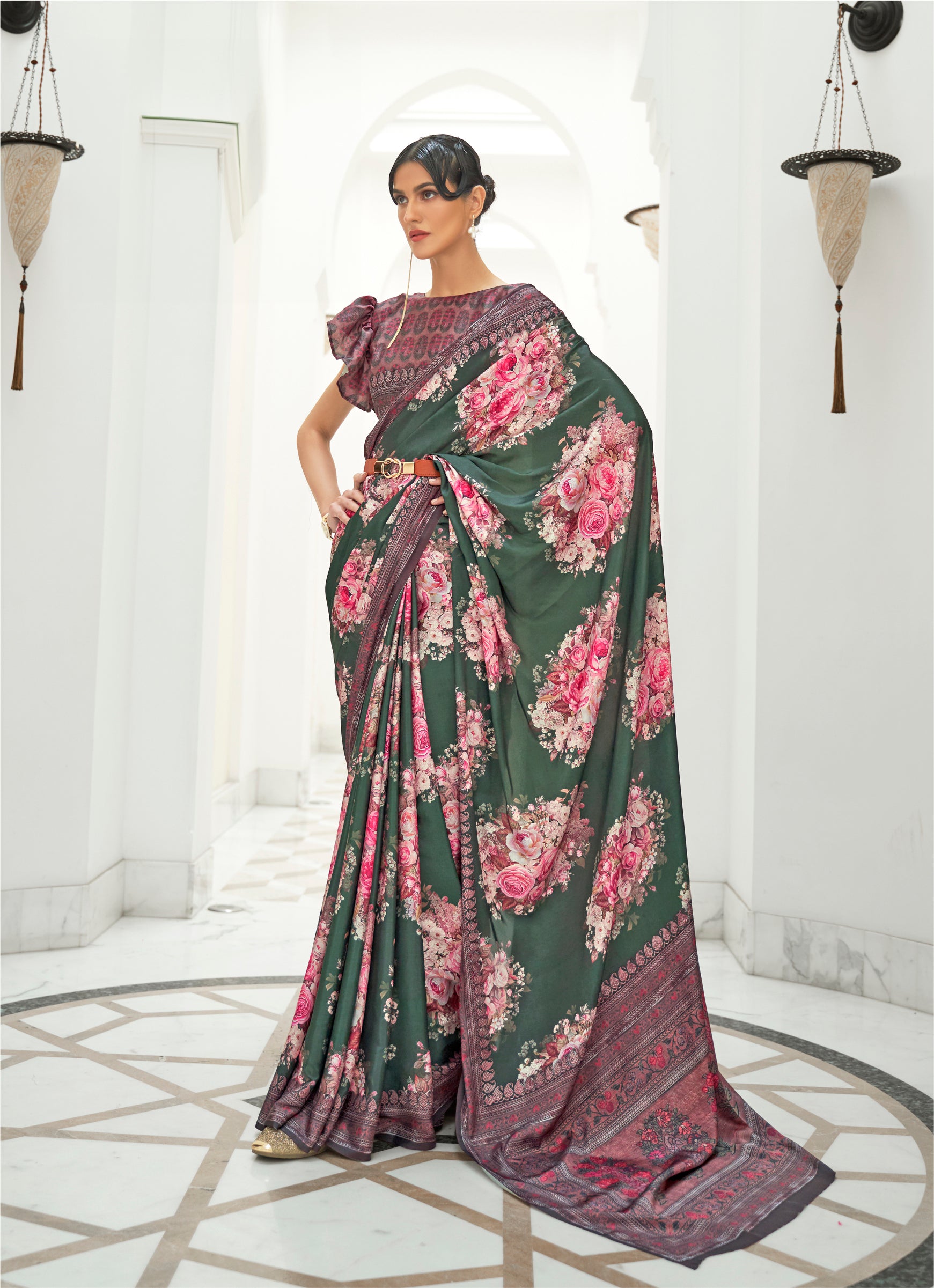 Vibrant Pink and Green Kalamkari Printed Crepe Saree