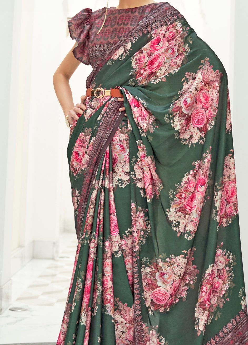 Vibrant Pink and Green Kalamkari Printed Crepe Saree