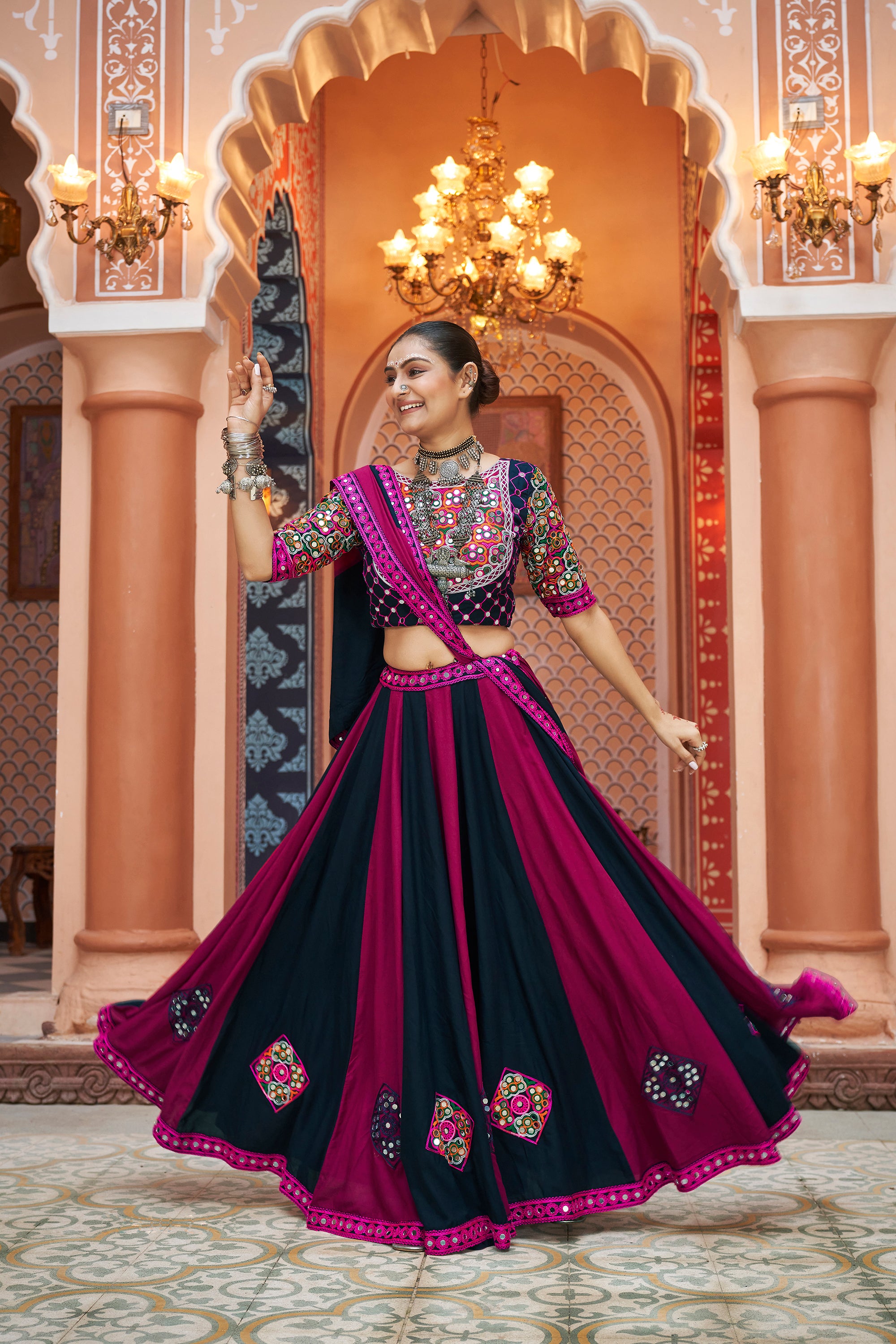 Navratri special Pink with Multicoloured Lehenga