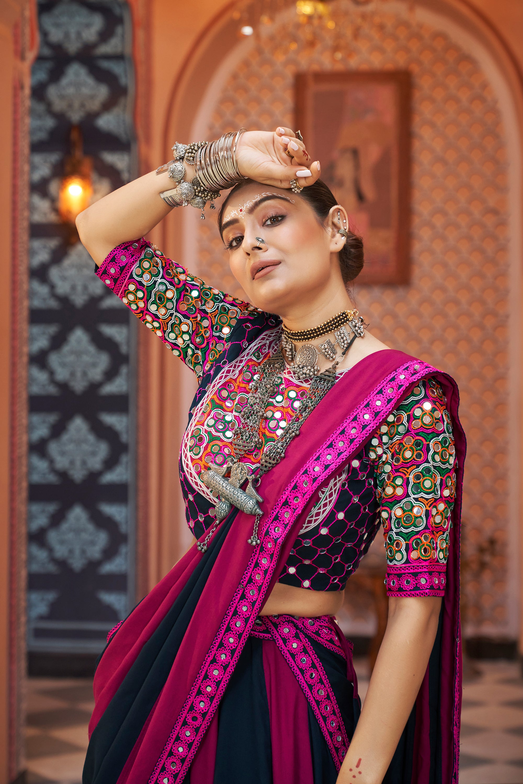 Navratri special Pink with Multicoloured Lehenga