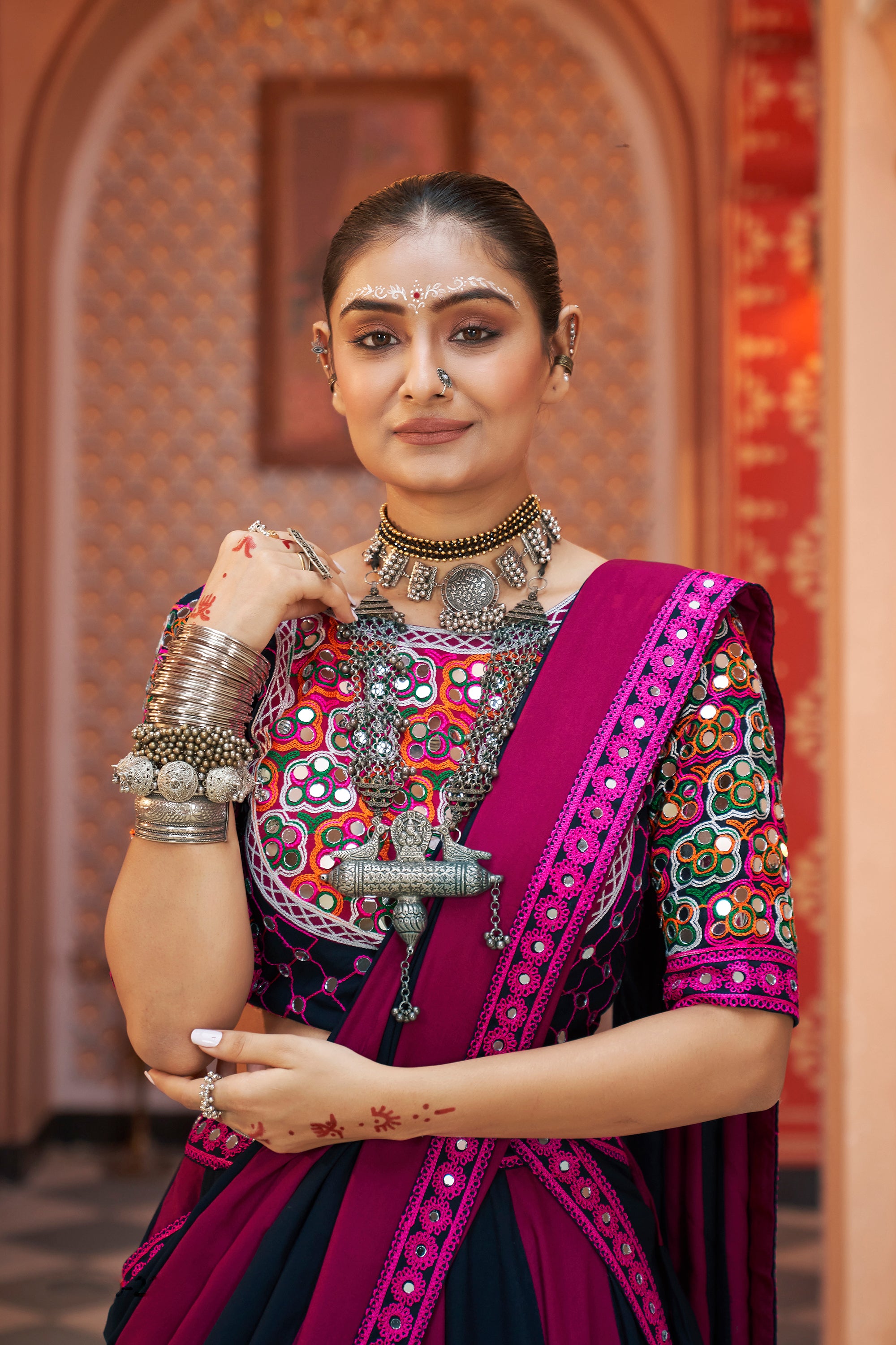 Navratri special Pink with Multicoloured Lehenga