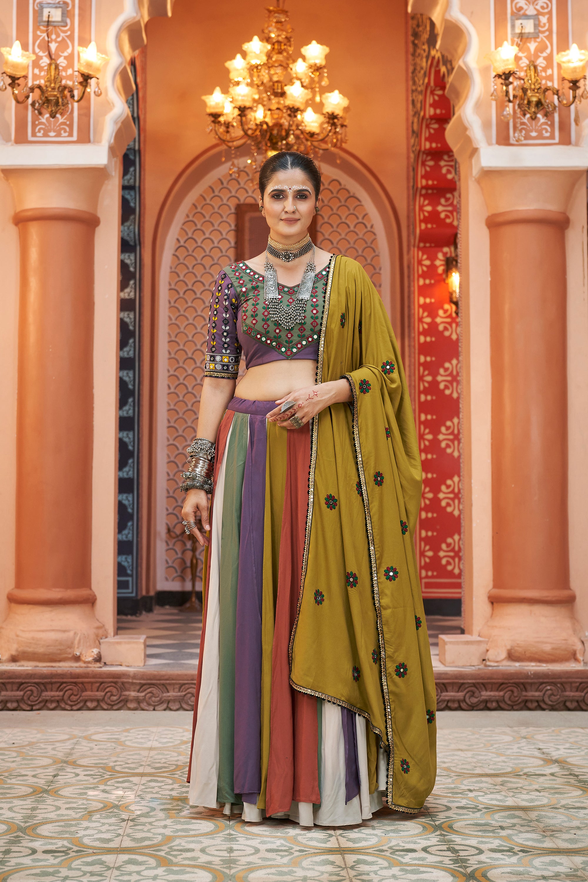 Navratri special Green with Multicoloured Lehenga