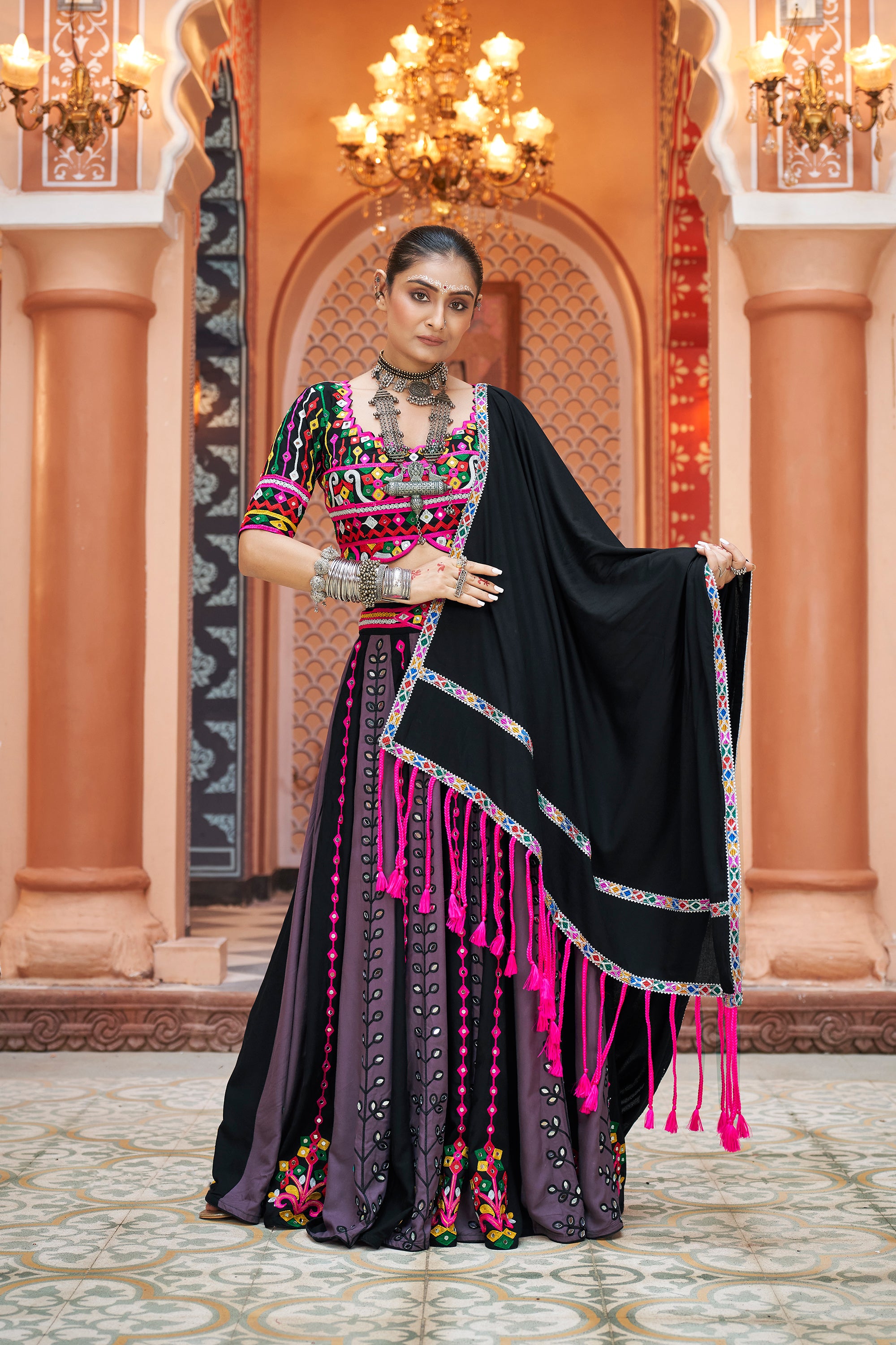 Navratri special Black with Multicoloured Lehenga