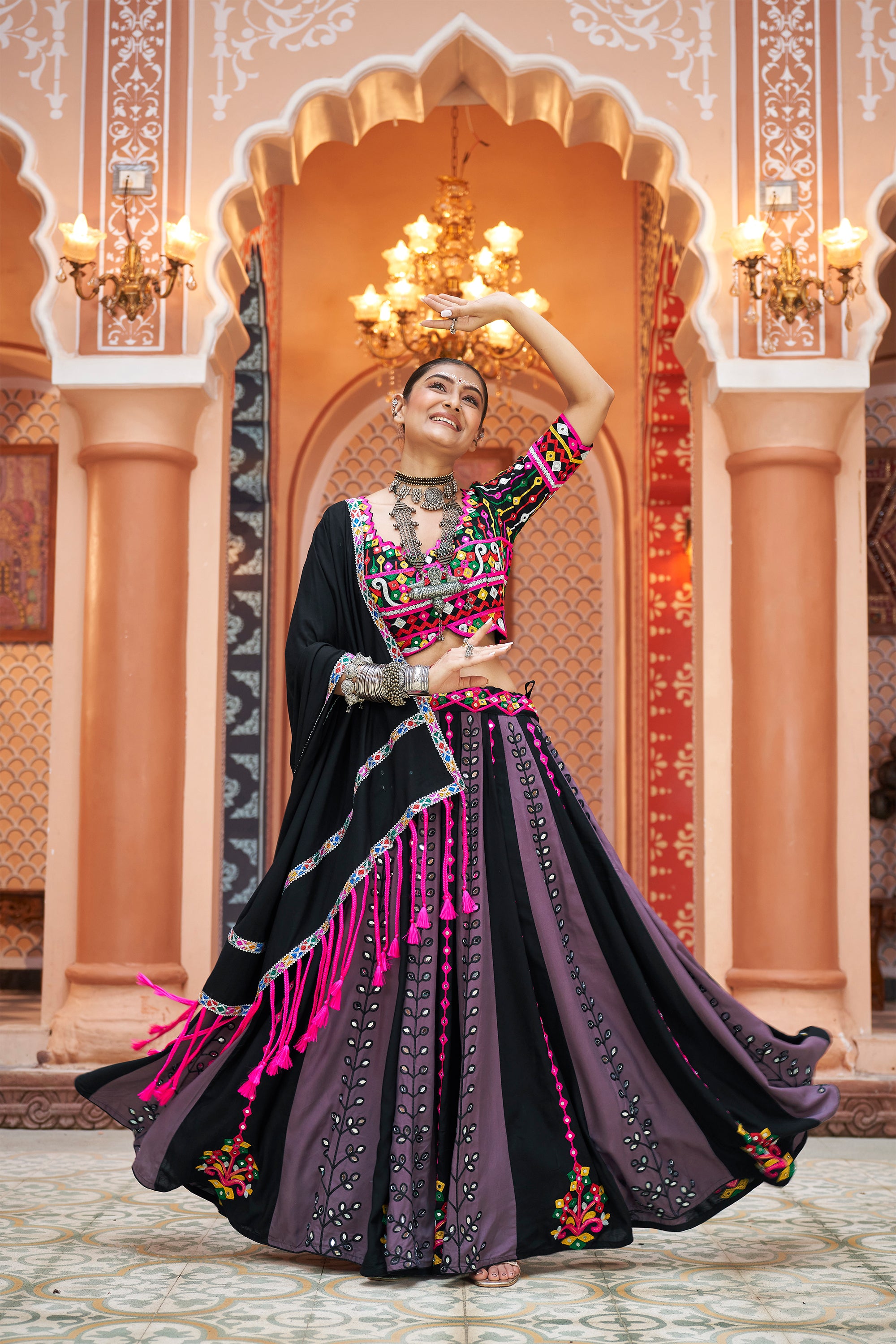 Navratri special Black with Multicoloured Lehenga