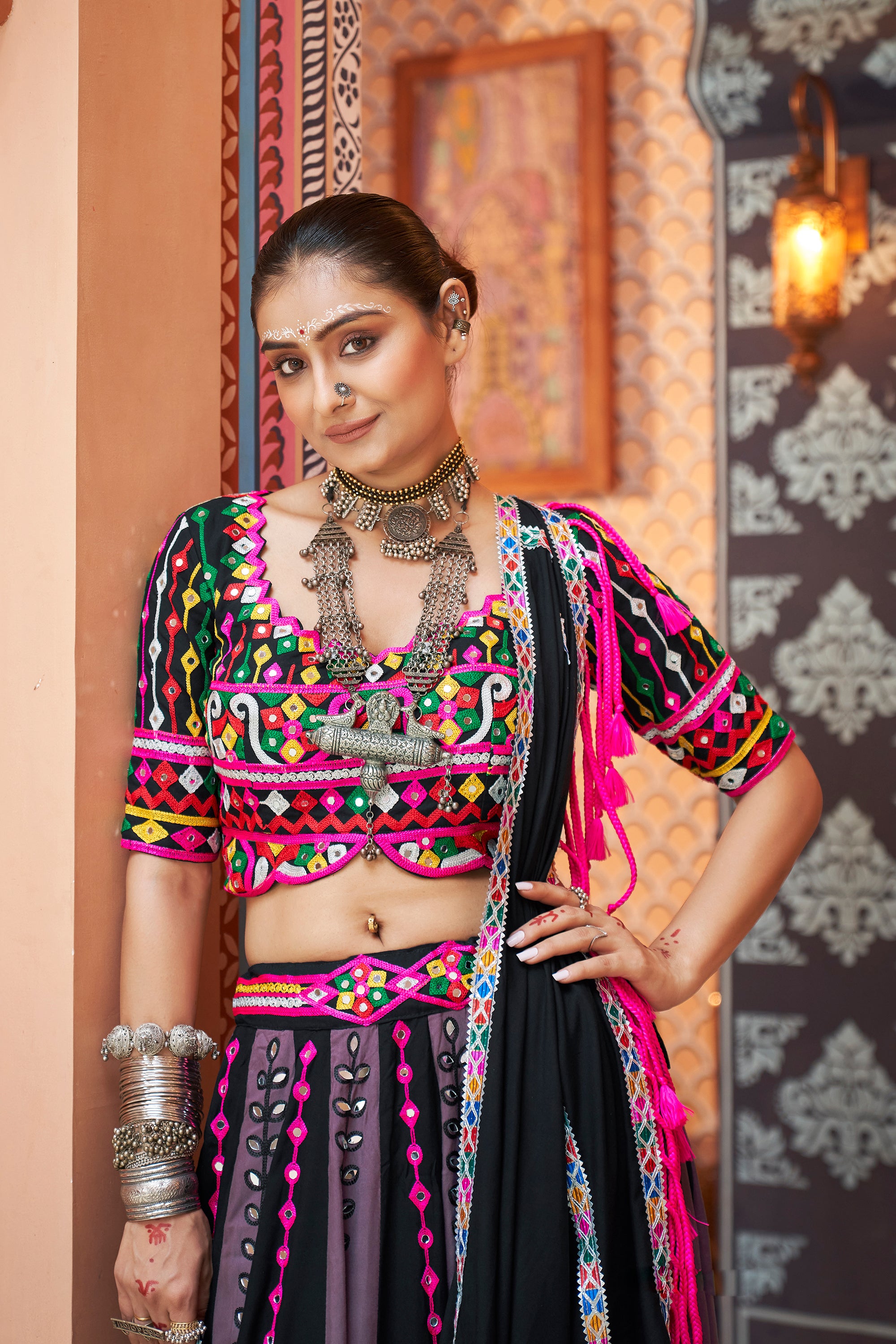 Navratri special Black with Multicoloured Lehenga