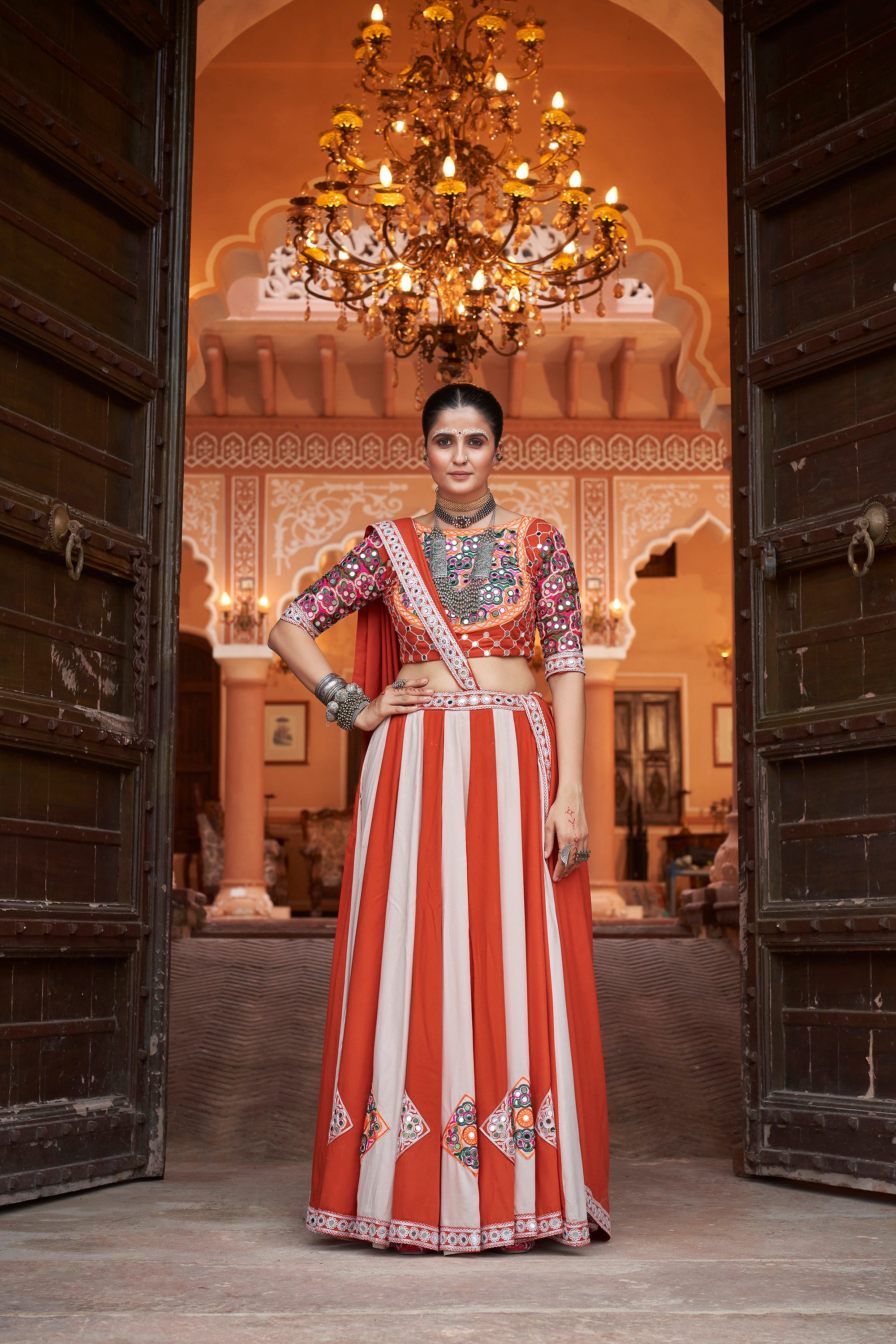 Navratri special Red with Cream coloured Lehenga